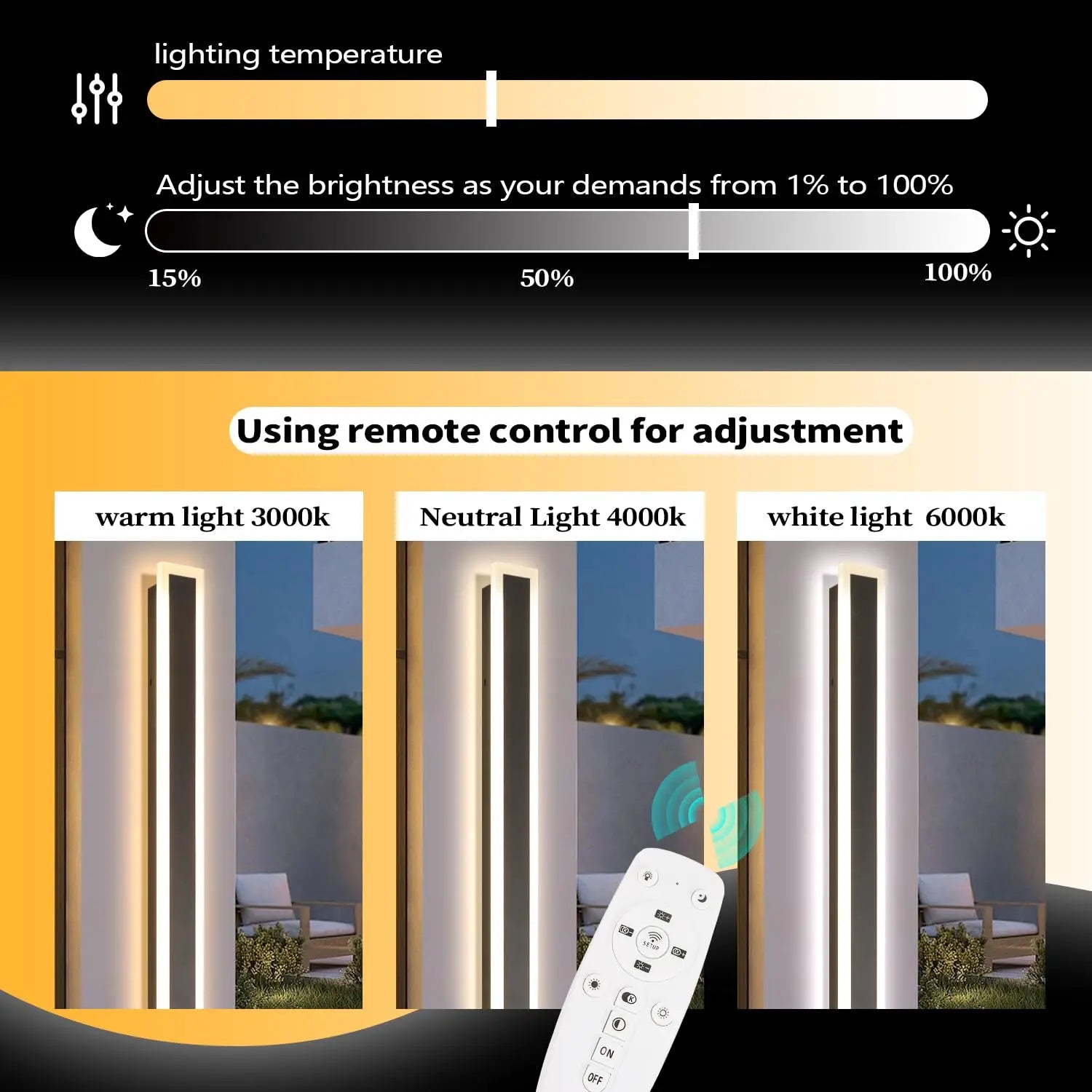 Modern Outdoor Wall Light 3000K-6000K Dimmable Wall Sconces IP65 Waterproof Long Wall Mount Light for Garage Doorway Stairway