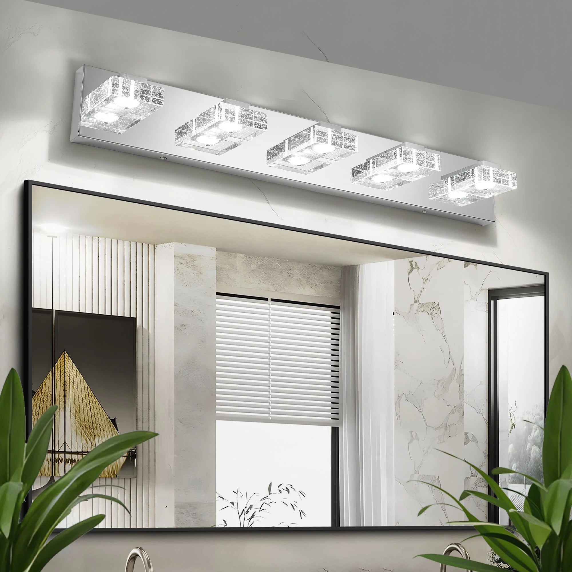 Ship in USA,31" Modern Chrome 5-Light LED Vanity Light,Square Acrylic Lampshades Wall Mount Fixture for Bathroom,Mirror Lighting