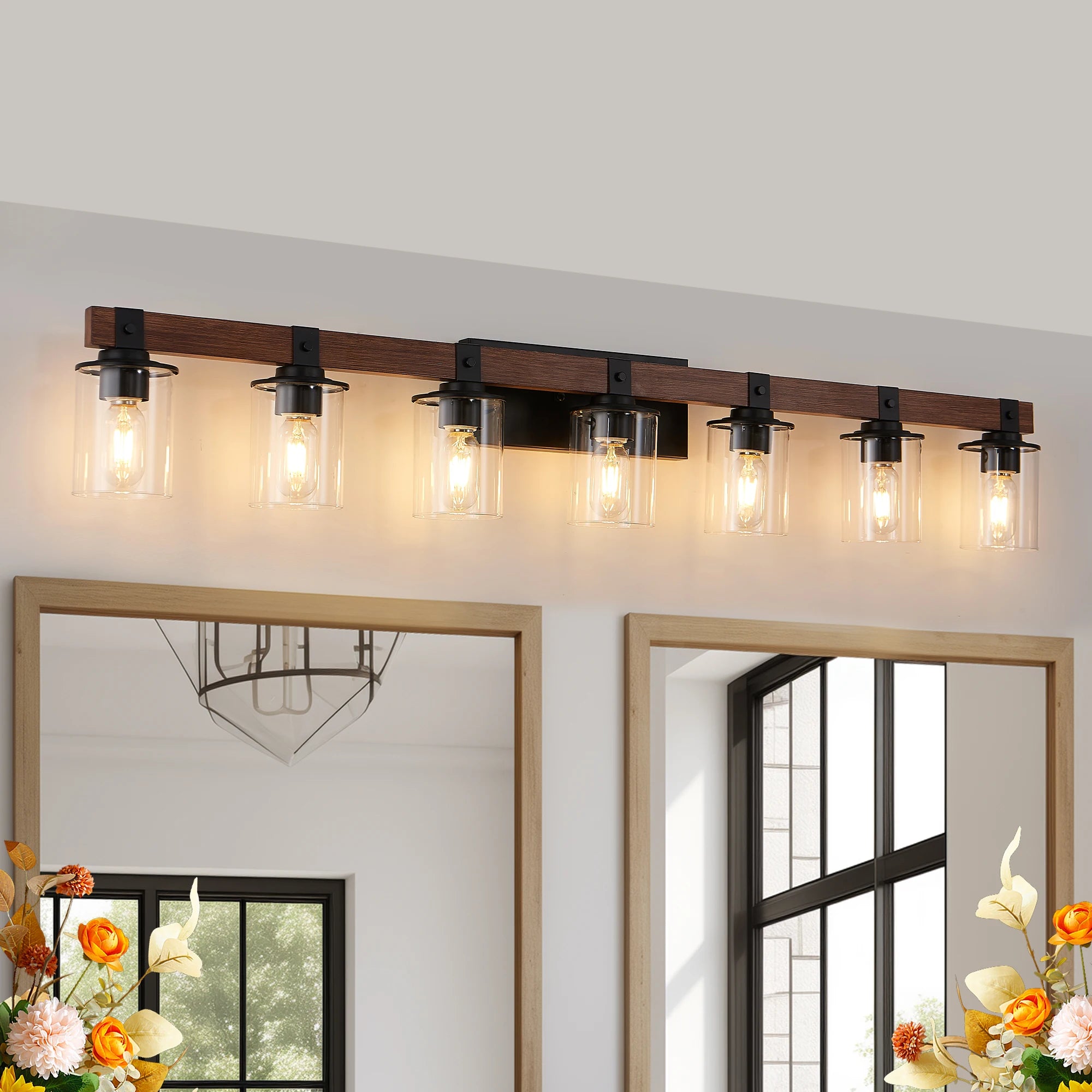 50" Rustic 7-Light Vanity Light, Wall Sconce with Glass Shades and Wood Accent, Modern Farmhouse Lighting Fixture (No Bulbs)