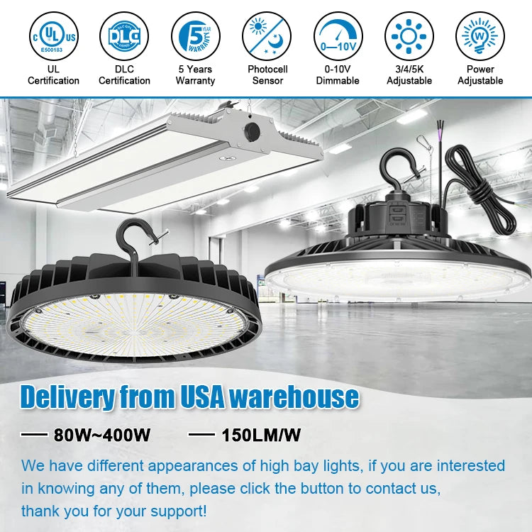 Warehouse Light 100W-320W UFO LED High Bay Light Industrial Warehouse Adjustable CCT IP65 Rating Delivery From USA