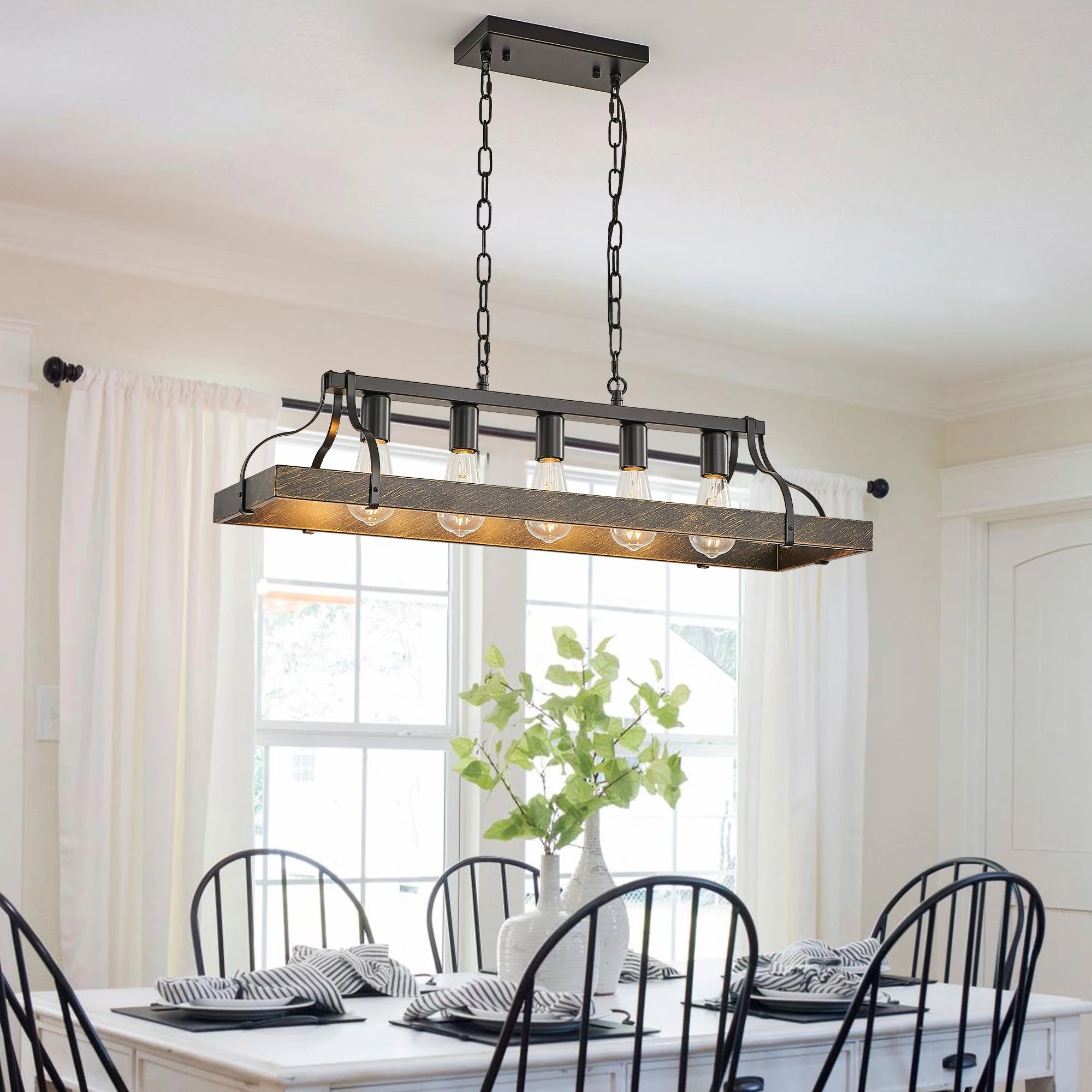 34 Inch Black Gold Vintage Pendant Light,5 E26 Bulb Sockets,Adjustable Chain Height,Antique Style Chandelier (Bulb Not Included)
