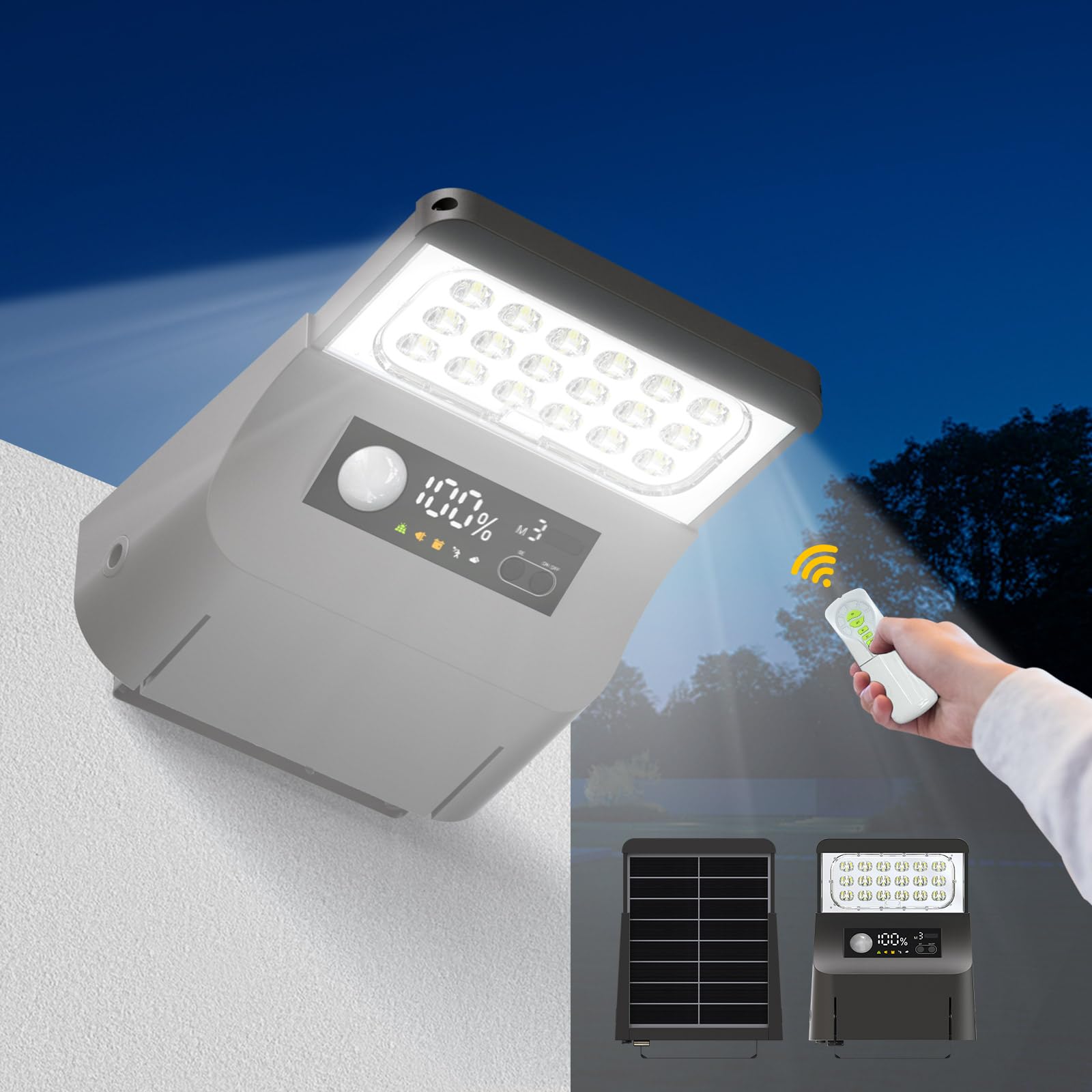 1800W Solar Lights Outdoor Waterproof, 3000K 5700K LED Screen Solar Motion Light with Rain Sensor, 3000LM Solar Street Light Dusk to Dawn