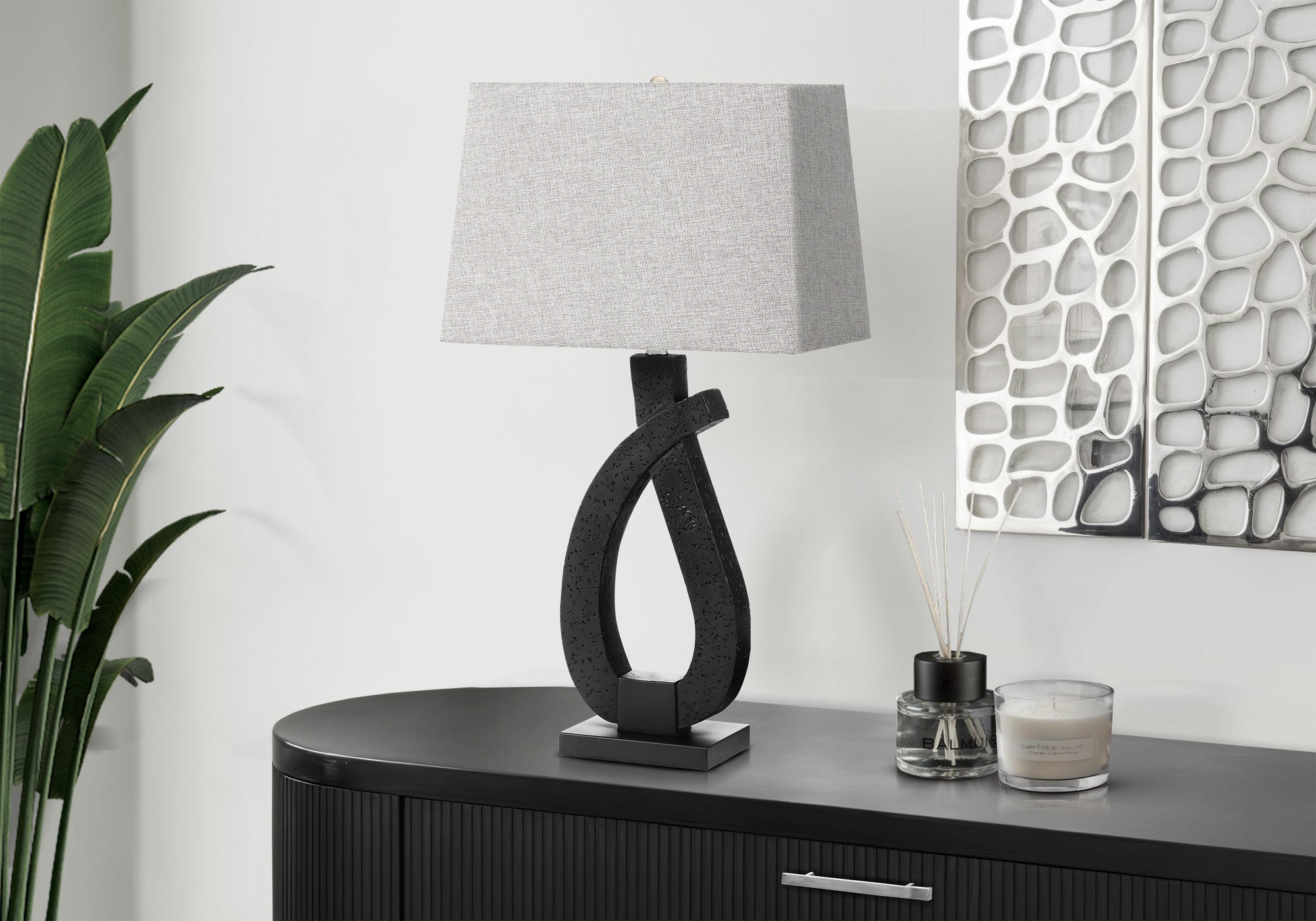 Lighting, 30H, Table Lamp, Black Resin, Grey Shade, Contemporary