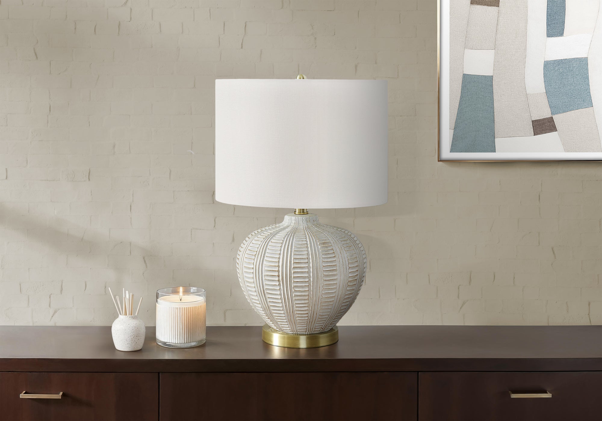 Monarch Specialties I 9617 Lightingtable Lamp, Ivory/Cream Shade, Cream Resin, Transitional