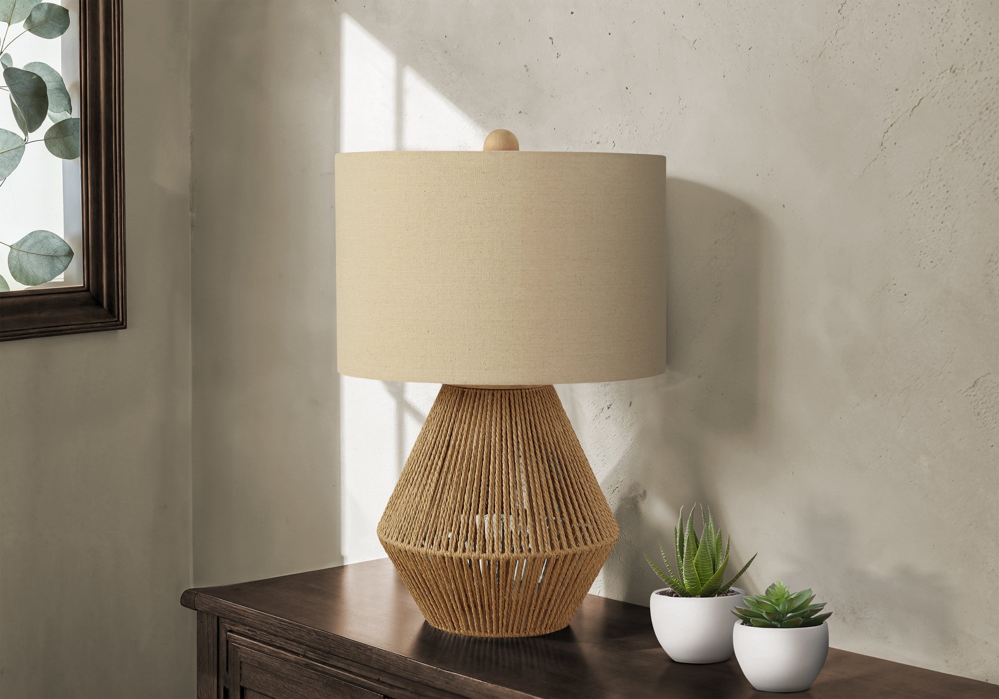 Monarch Specialties I 9628 Lightingtable Lamp, Brown Rope, Beige Shade, Transitional