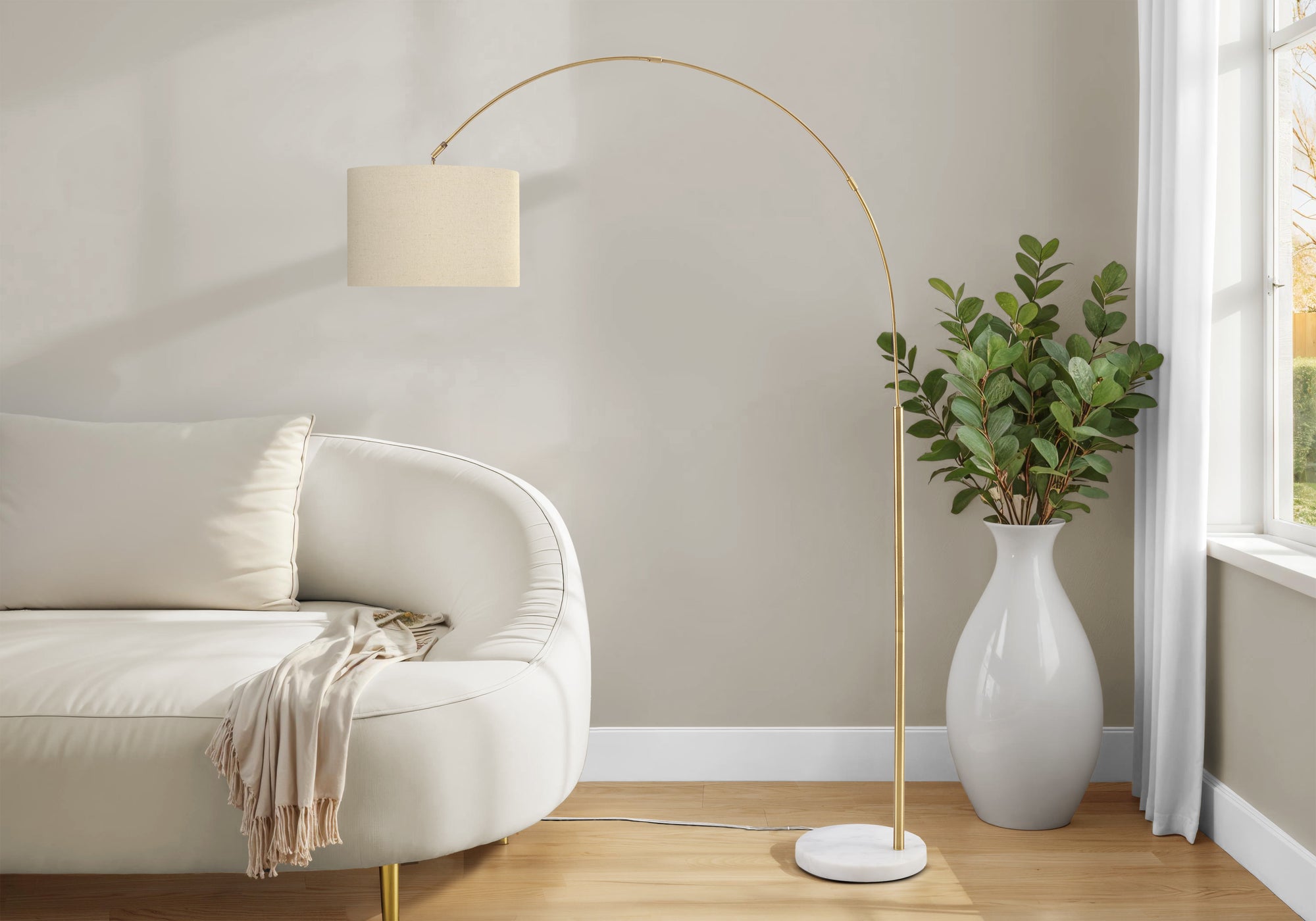 Lighting, 79H, Floor Lamp, Brass Metal, Beige Shade, Contemporary