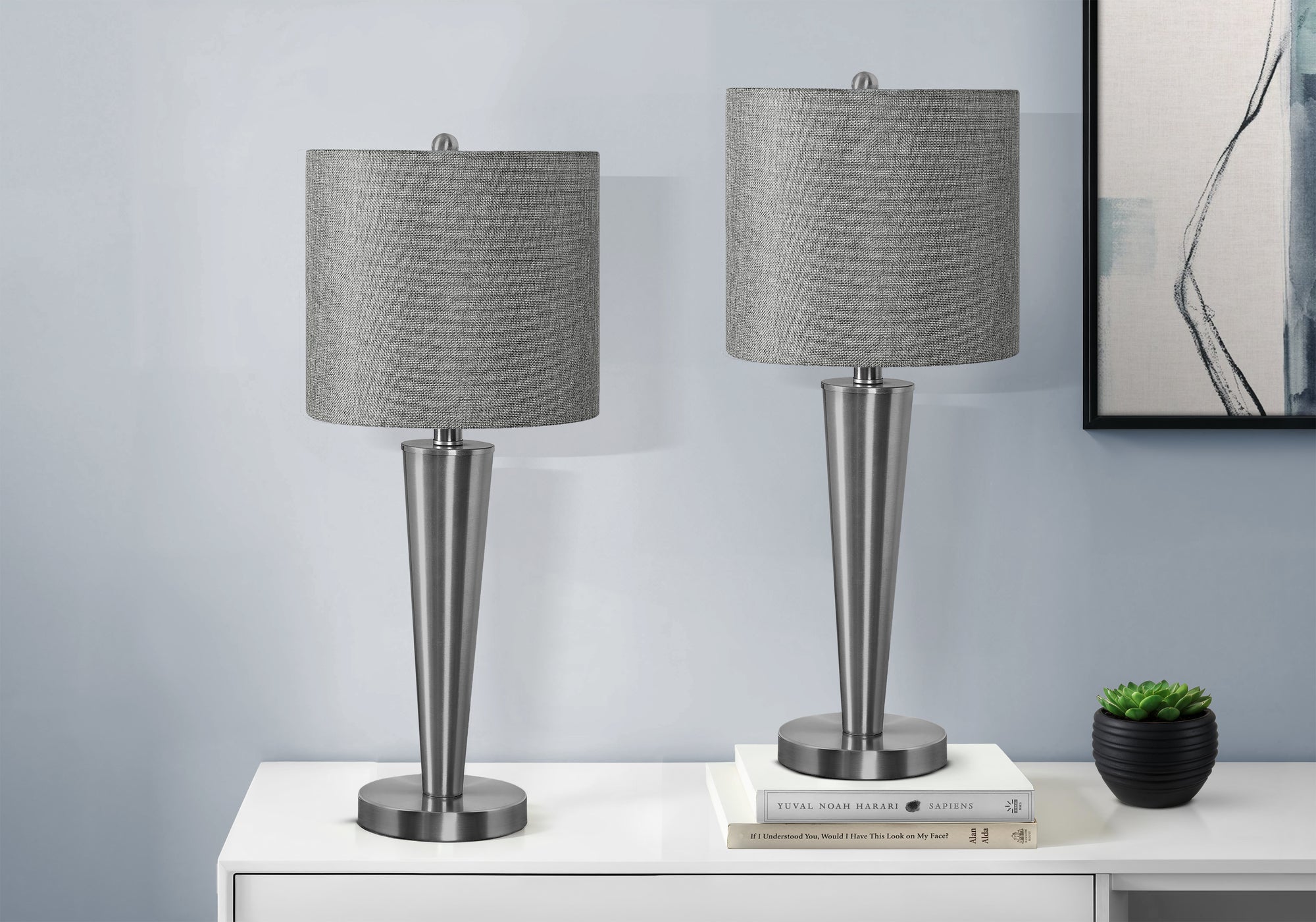 Monarch Specialties 9642 Lighting, Set Of 2Table Lamp, Usb Port Included, Nickel Metal, Grey Shade Lighting-2Pcs/24 H Table, 10" L X 10" W X 24" H, Silver