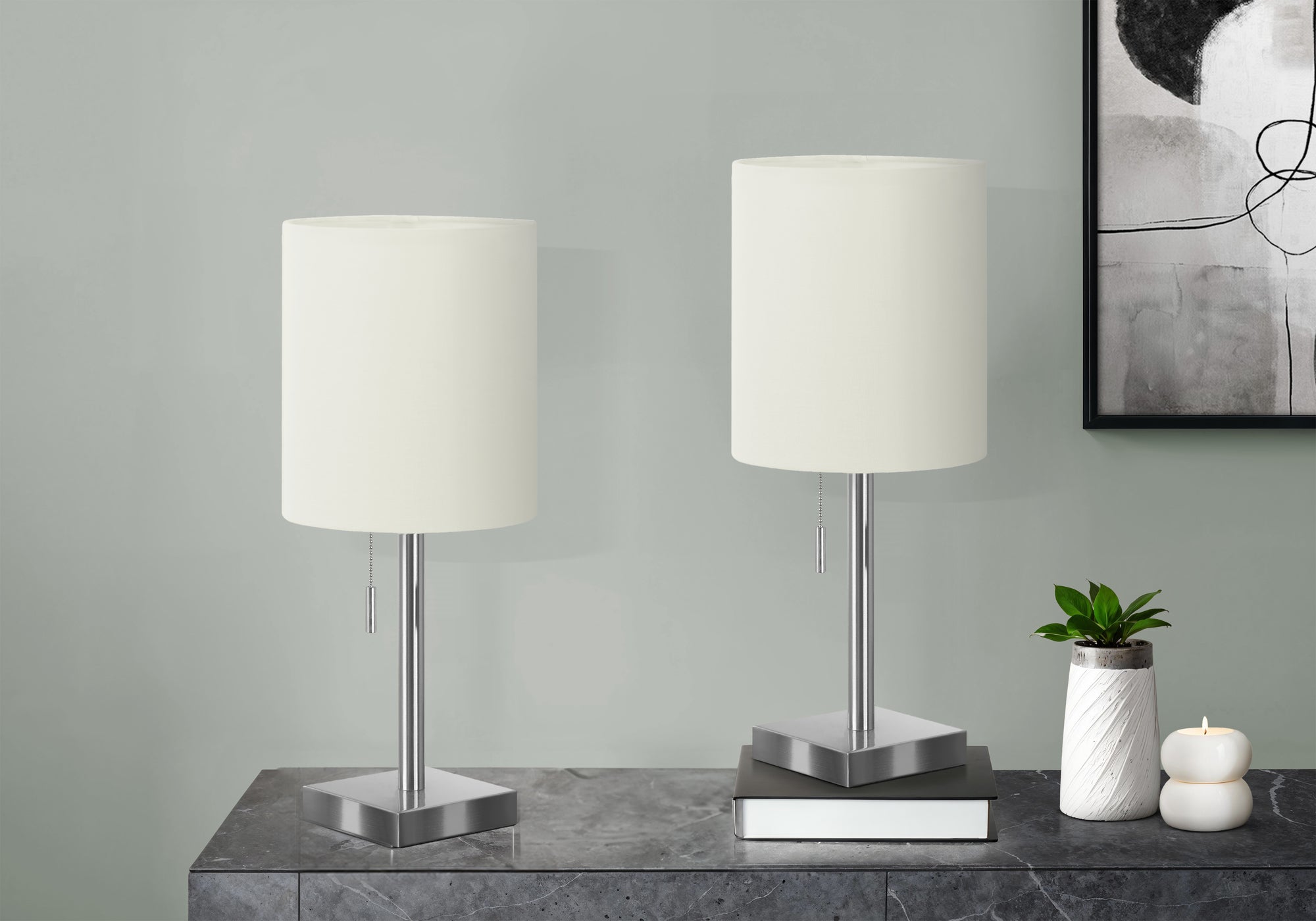 Monarch Specialties 9649 Lighting, Set Of 2Table Lamp, Usb Port Included, Nickel Metal, Ivory, Cream Shade Lighting-2Pcs/17 H Table, 7" L X 7" W X 16.75" H, Silver