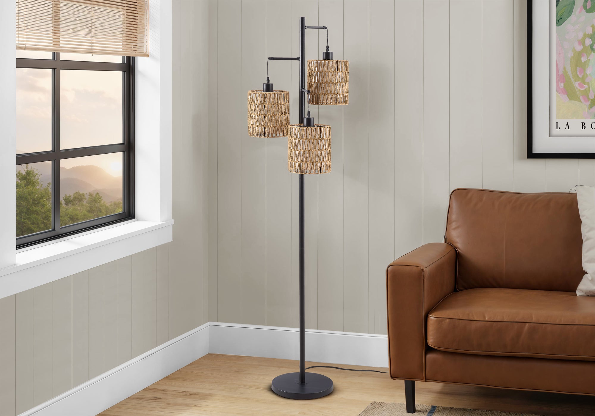 Lighting, 73H, Floor Lamp, Natural Rope, Black Metal, Modern