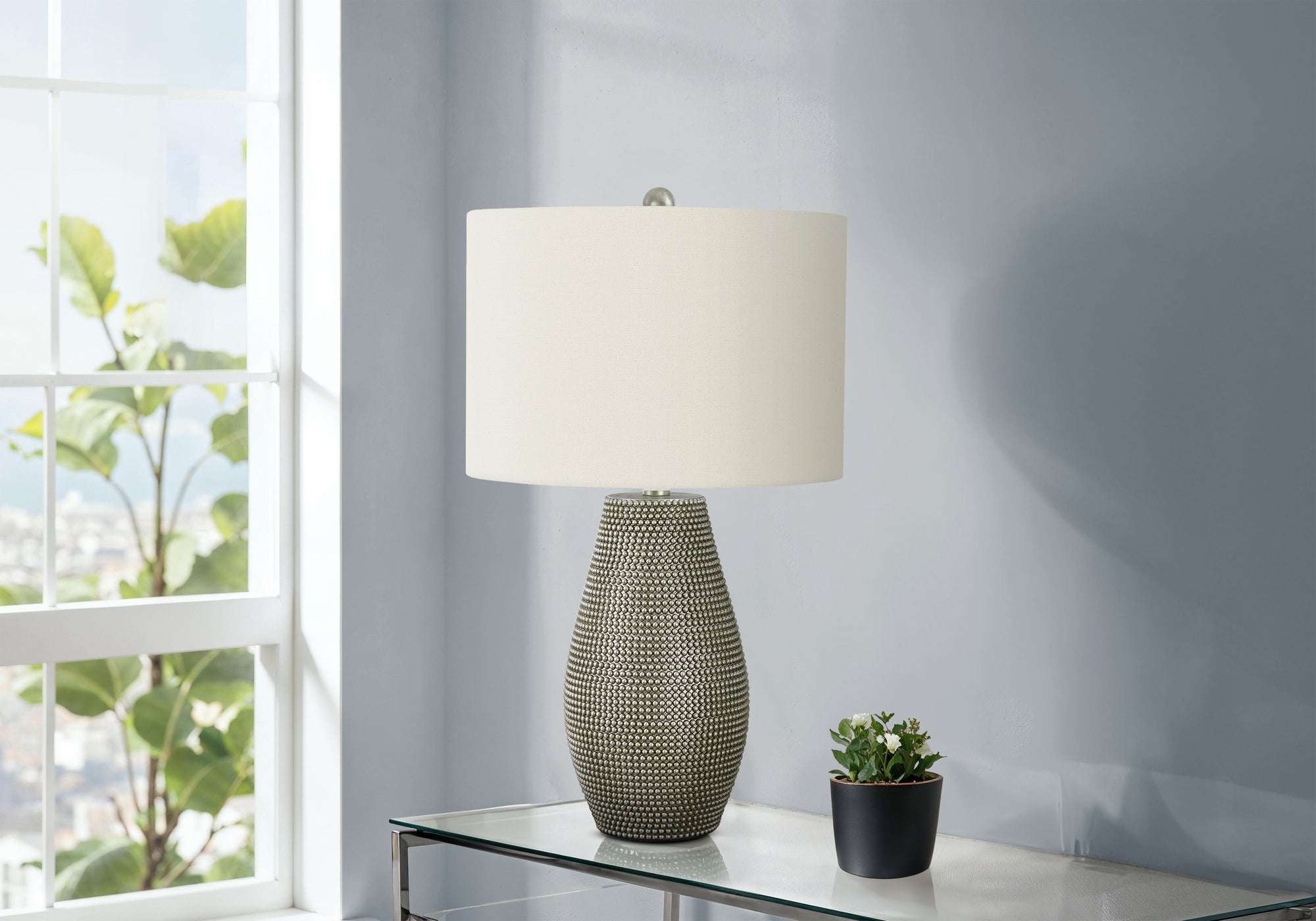 Monarch Specialties 9654 Lightingtable Lamp, Grey Resin, Ivory/Cream Shade, Contemporary Lighting-24 H Table, 14&quot; L X 14&quot; W X 23.5&quot; H