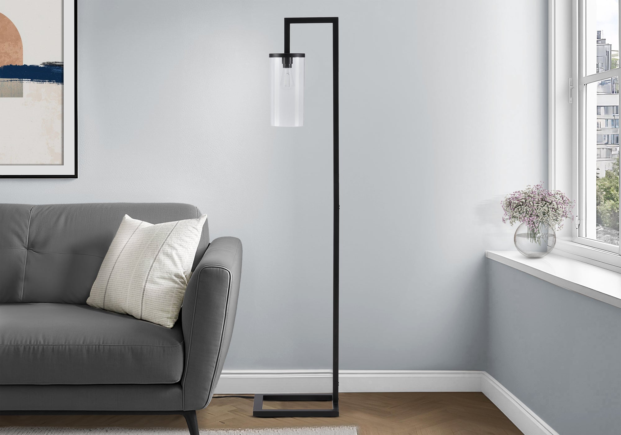 Lighting, 68H, Floor Lamp, Black Metal, Glass Shade, Contemporary