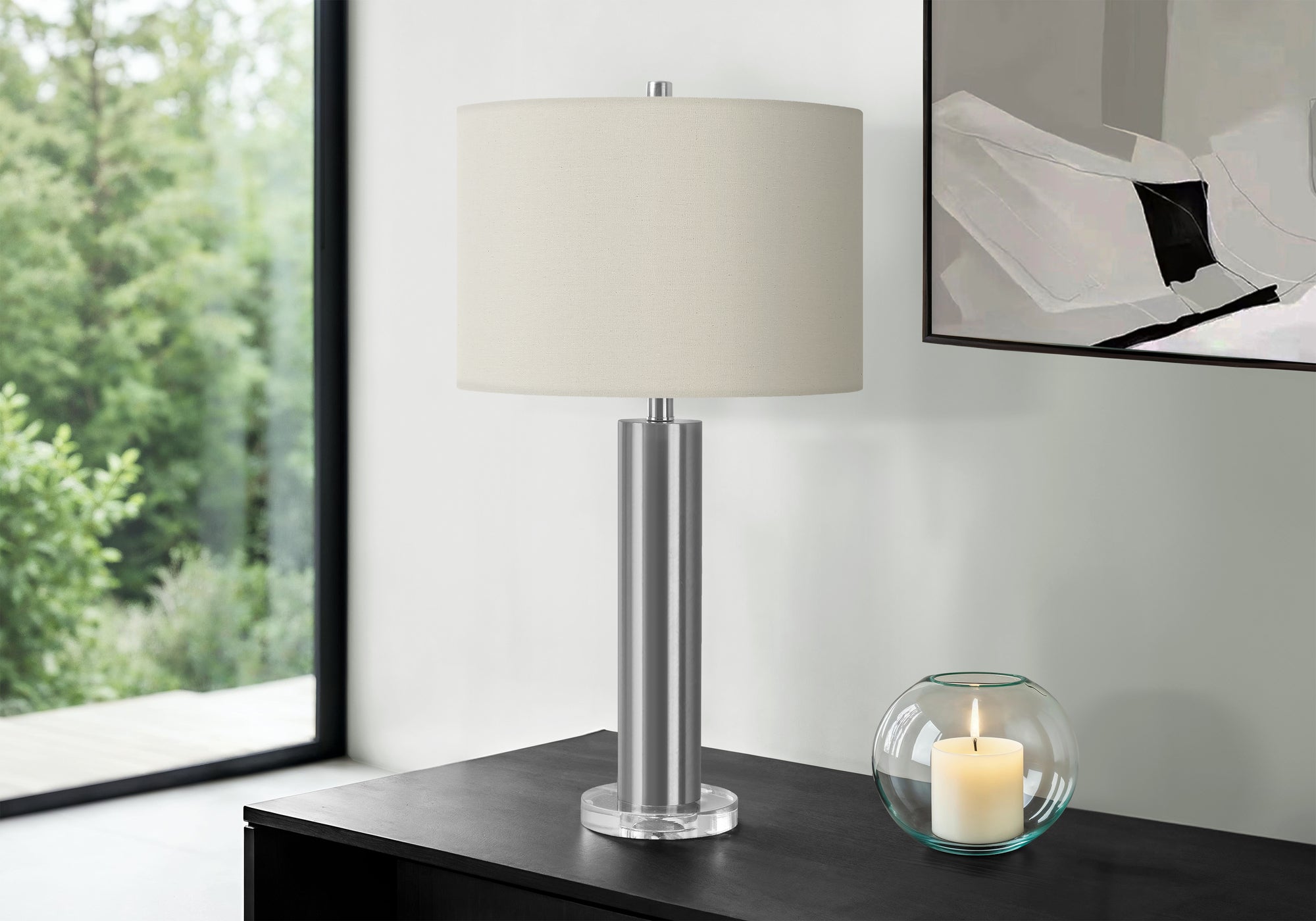 Monarch Specialties 9657 Lightingtable Lamp, Nickel Metal, Ivory/Cream Shade, Contemporary Lighting-28 H Table, 15&quot; L X 15&quot; W X 27.5&quot; H, Silver