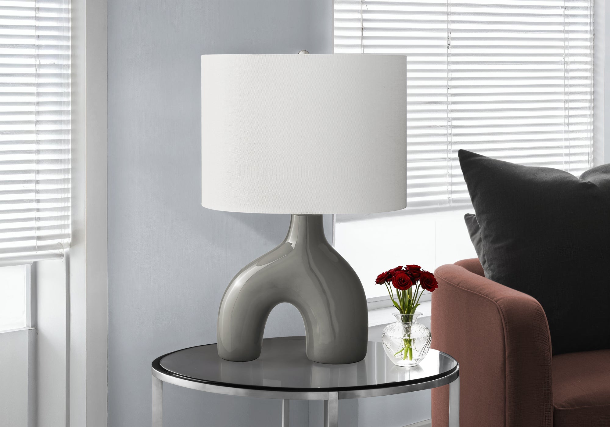Monarch Specialties I 9660 Table Lamp, 25in H, Dark Grey Ceramic, Ivory Shade, Contemporary Design