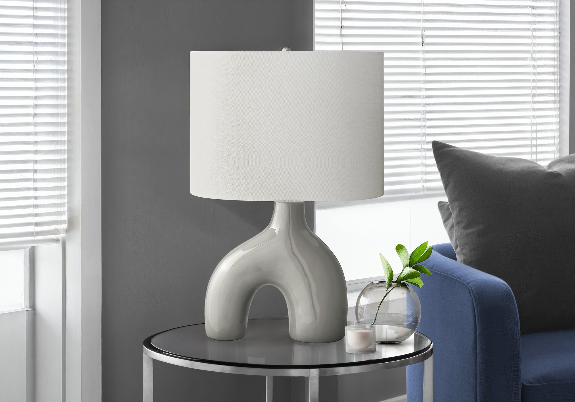 Monarch Specialties Table Lamp I 9661, 25in H, Grey Ceramic, Ivory Shade, Contemporary Design