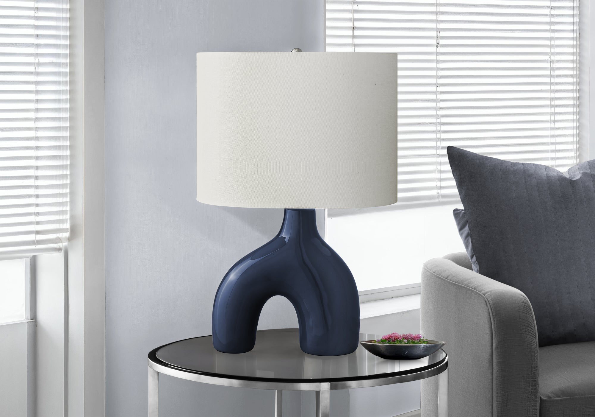 Monarch Specialties Table Lamp, 25in H, Blue Ceramic, Ivory Shade, Model I 9663, Contemporary Design