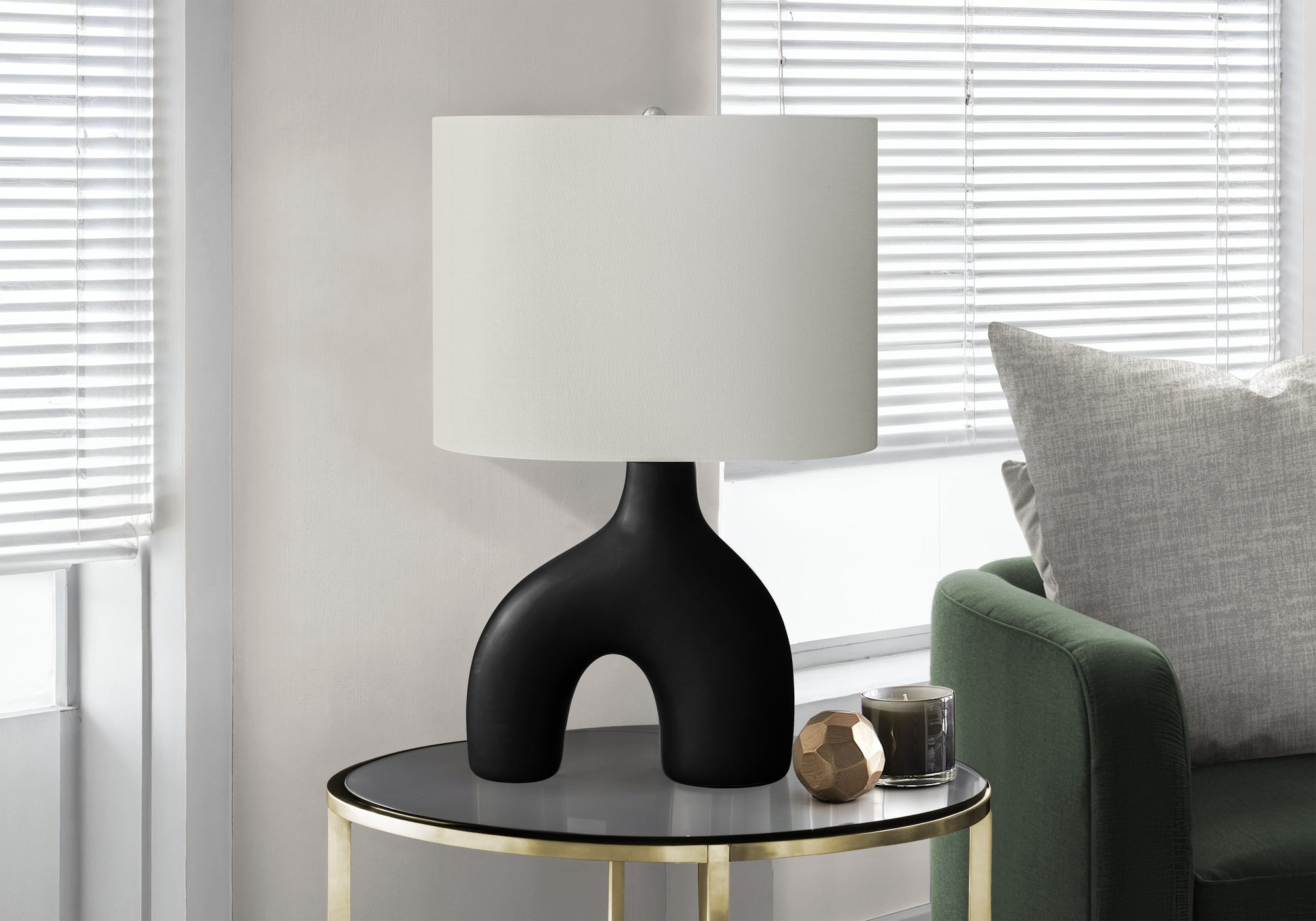 Monarch Specialties Table Lamp I 9666, 25in H, Black Ceramic with Ivory Shade, Contemporary Design