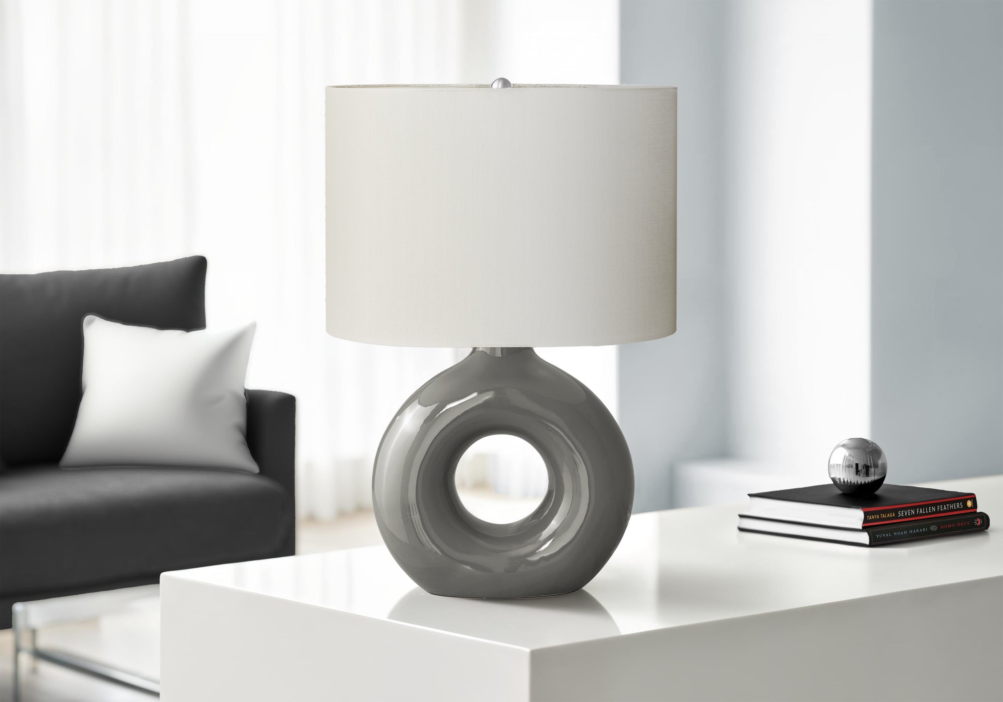 Monarch Specialties Table Lamp, 24in H, Dark Grey Ceramic, Ivory Shade, Model I 9667