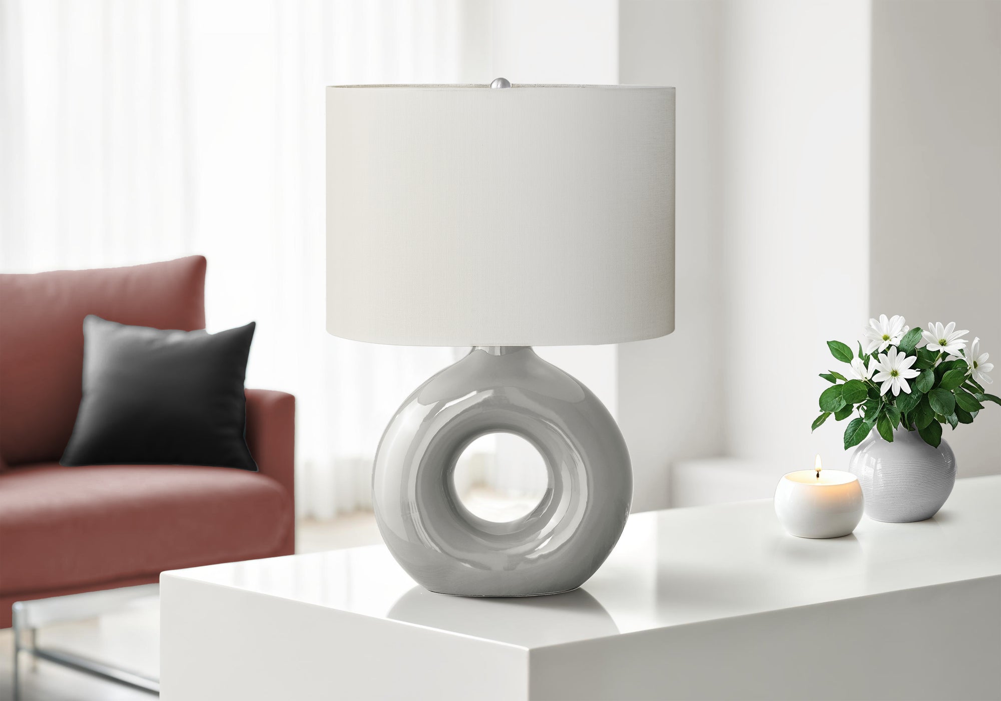 Monarch Specialties Table Lamp I 9668, 24in H, Gray Ceramic, Ivory/Cream Shade, Contemporary Design