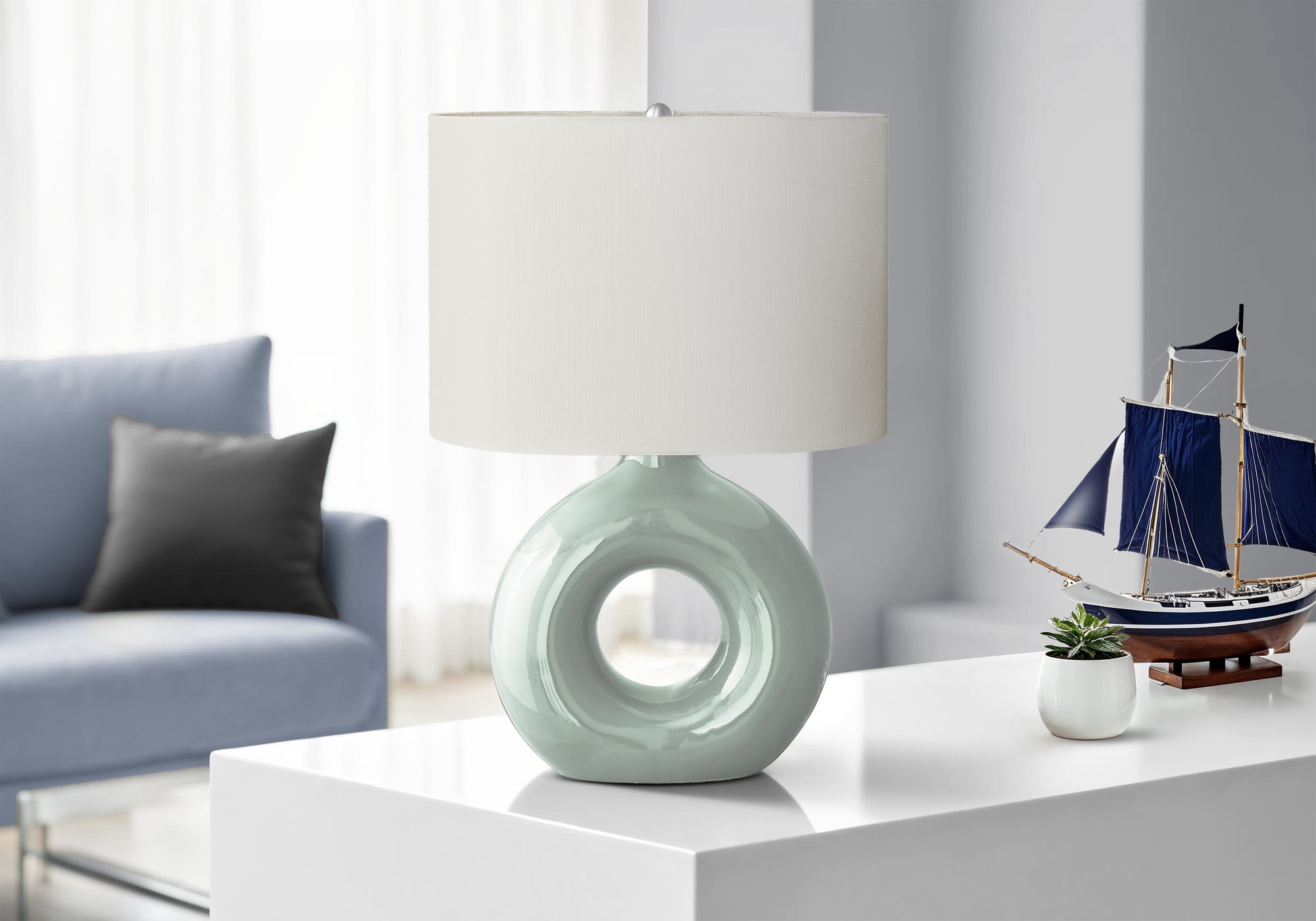Monarch Specialties Table Lamp I 9671, 24in H, Green Ceramic, Ivory Shade, Contemporary Design