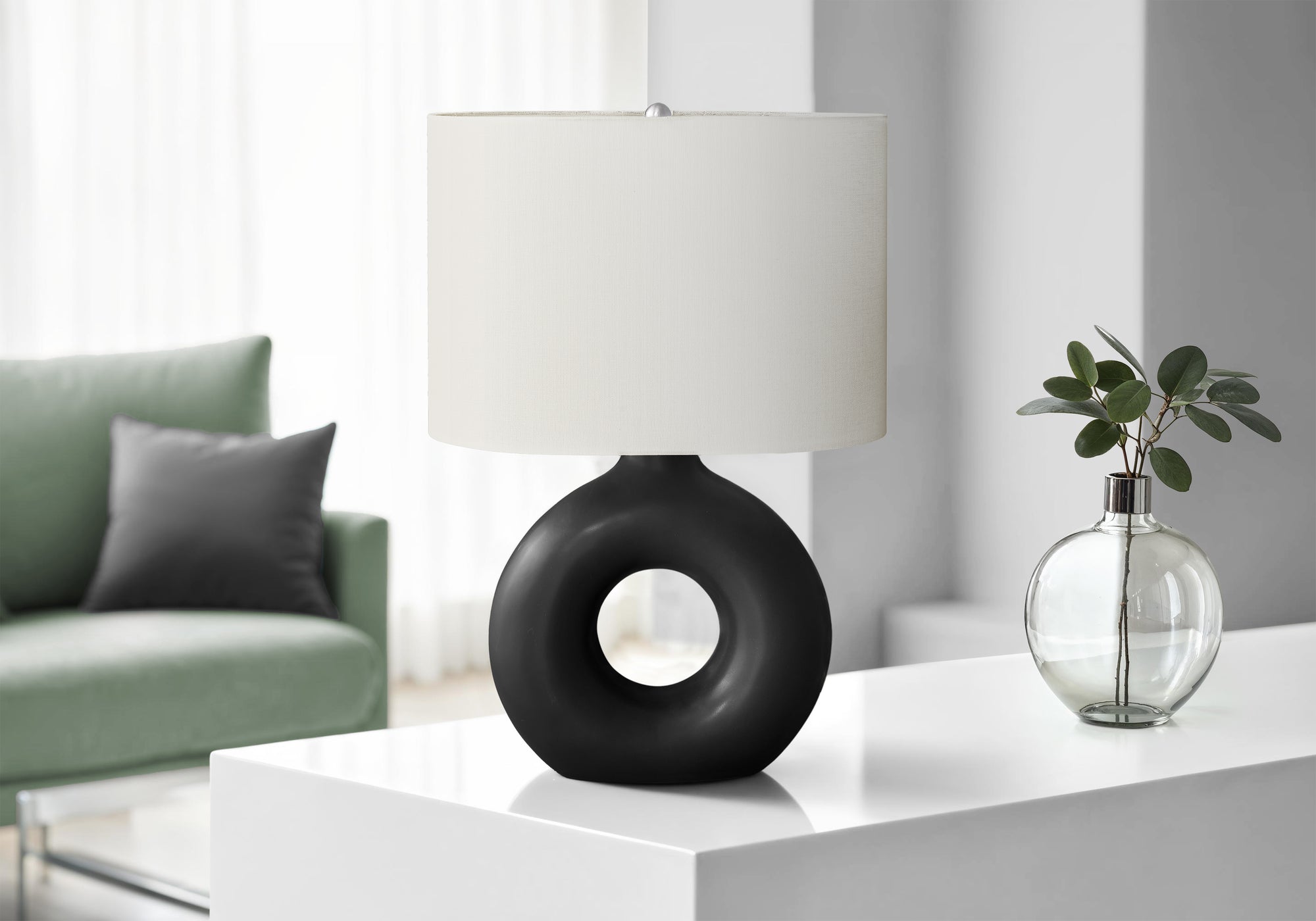 Monarch Specialties Table Lamp I 9673, 24in H, Black Ceramic, Ivory Shade, Contemporary Design