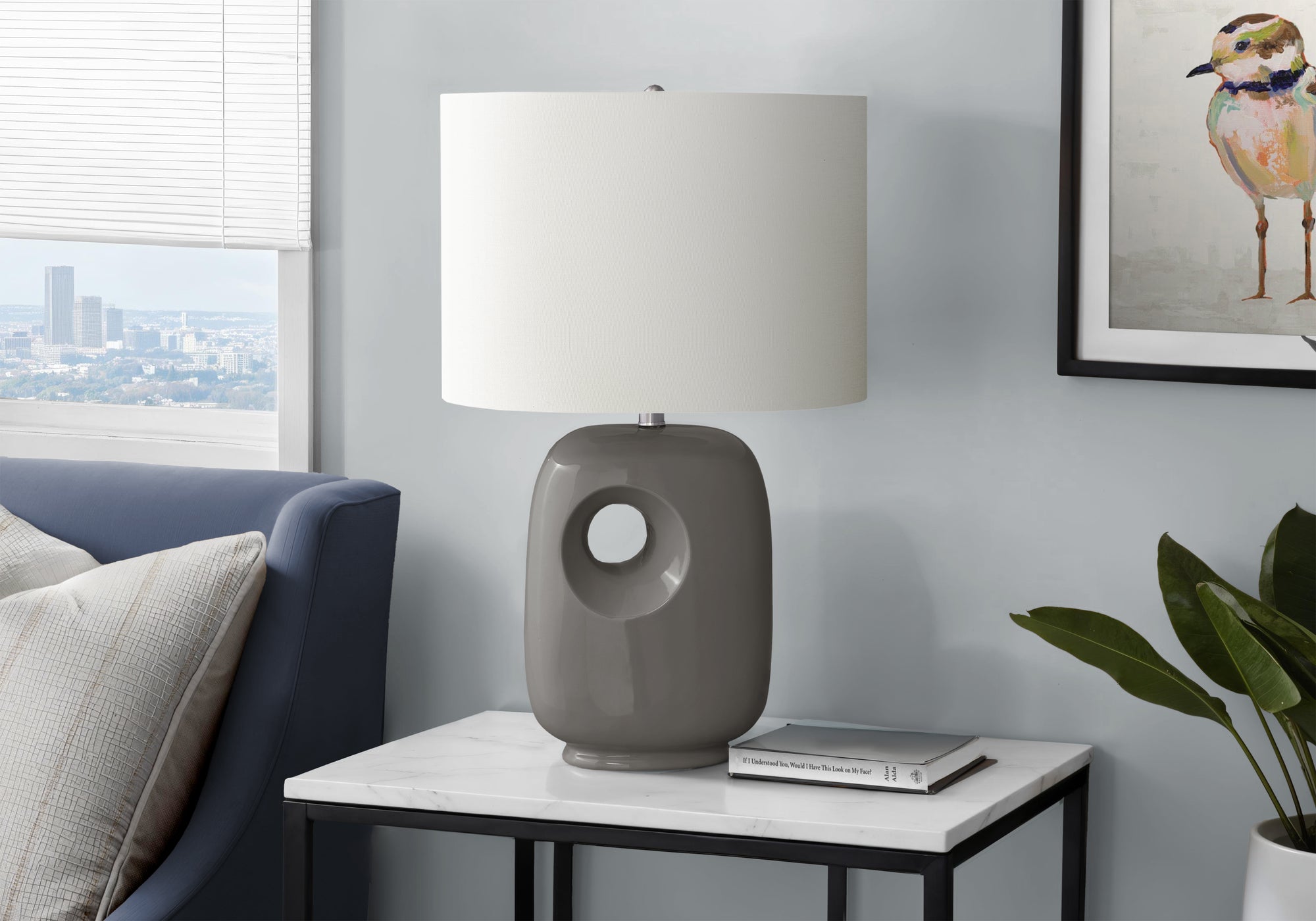 Monarch Specialties Table Lamp I 9674, 26in H, Dark Grey Ceramic, Ivory Shade
