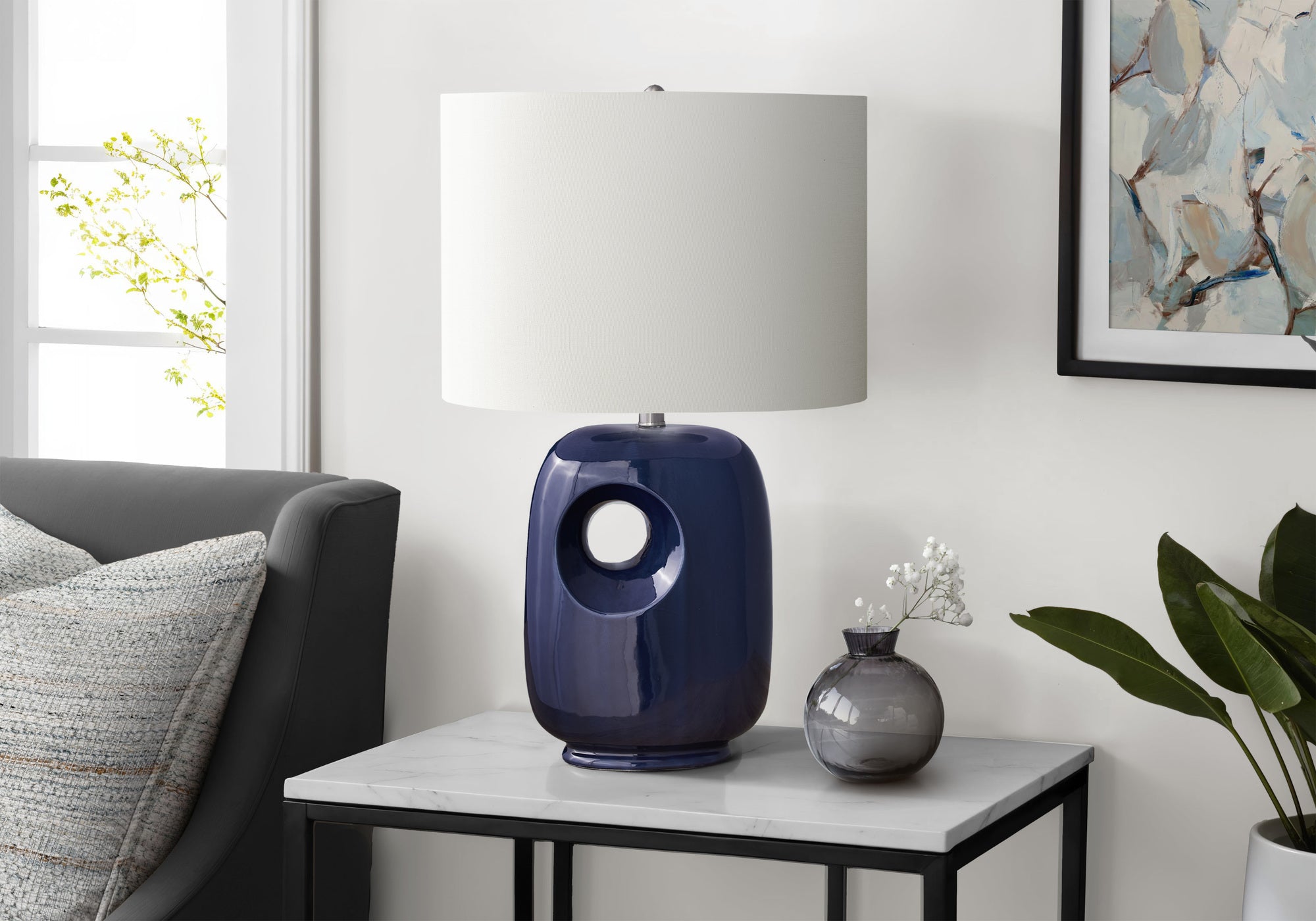Monarch Specialties Table Lamp, 26in H, Blue Ceramic, Ivory Shade, Model I 9677
