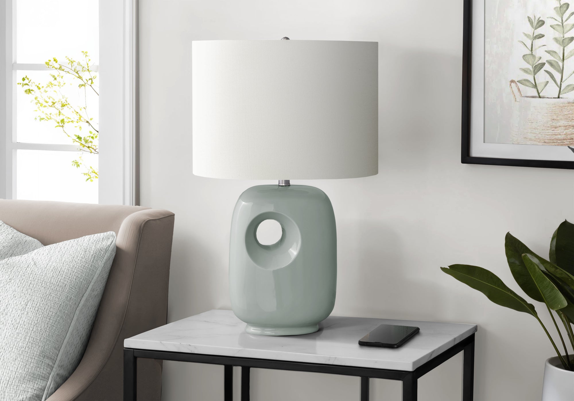 Monarch Specialties I 9678 Table Lamp, Green Ceramic, Ivory Shade, 26in H, Contemporary Design