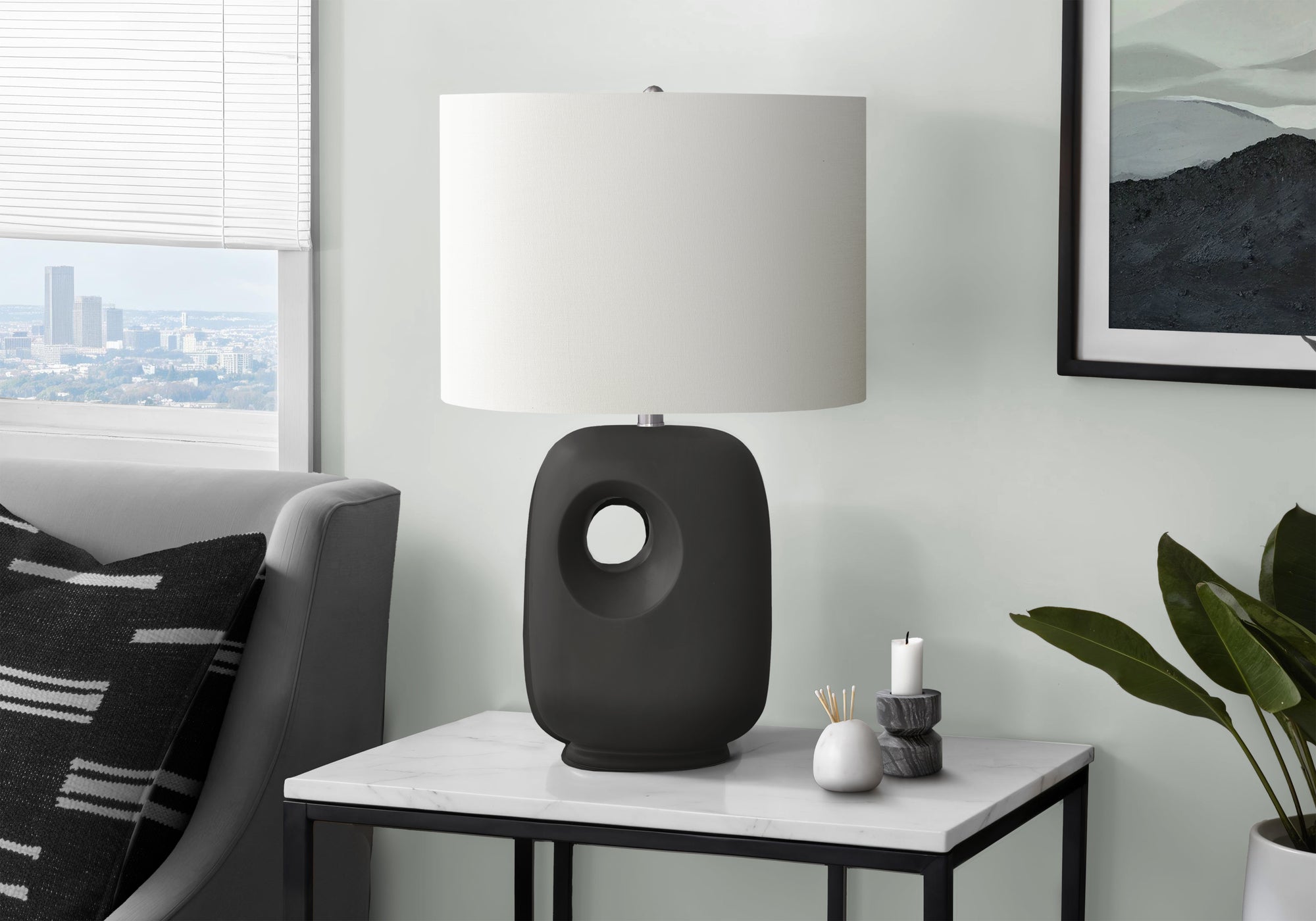 Monarch Specialties Table Lamp, 26inH, Black Ceramic, Ivory Shade, Model I 9680