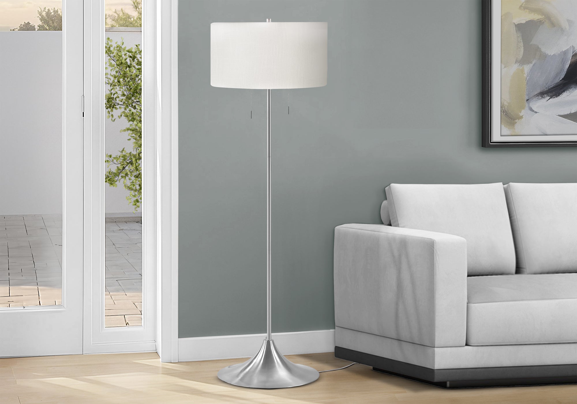 Lighting, 61H, Floor Lamp, Silver Metal, Ivory / Cream Shade, Contemporary