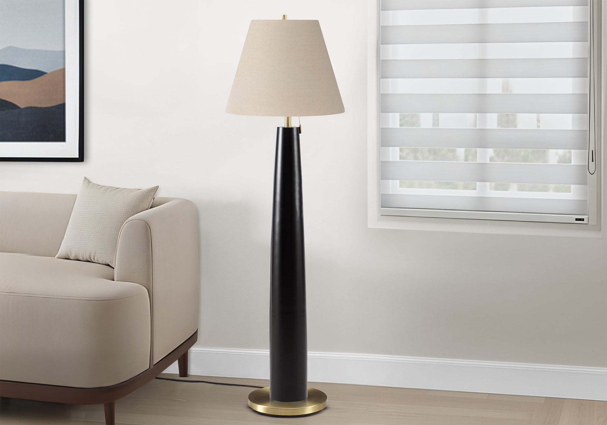Lighting, 62H, Floor Lamp, Black Metal, Beige Shade, Contemporary