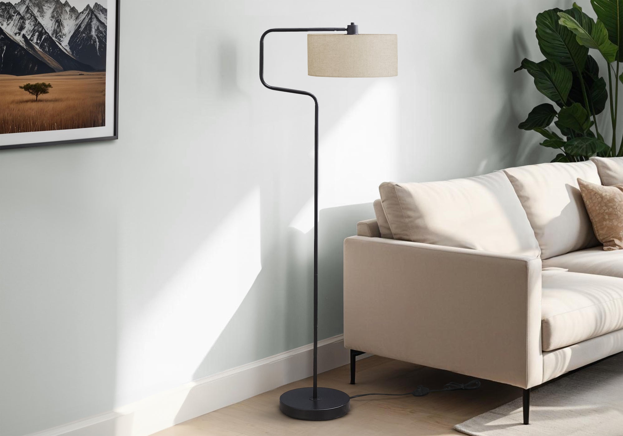 Monarch Specialties Floor Lamp I 9690, 61in H, Black Metal, Beige Shade, Contemporary Design, 21.5inL x 14inW