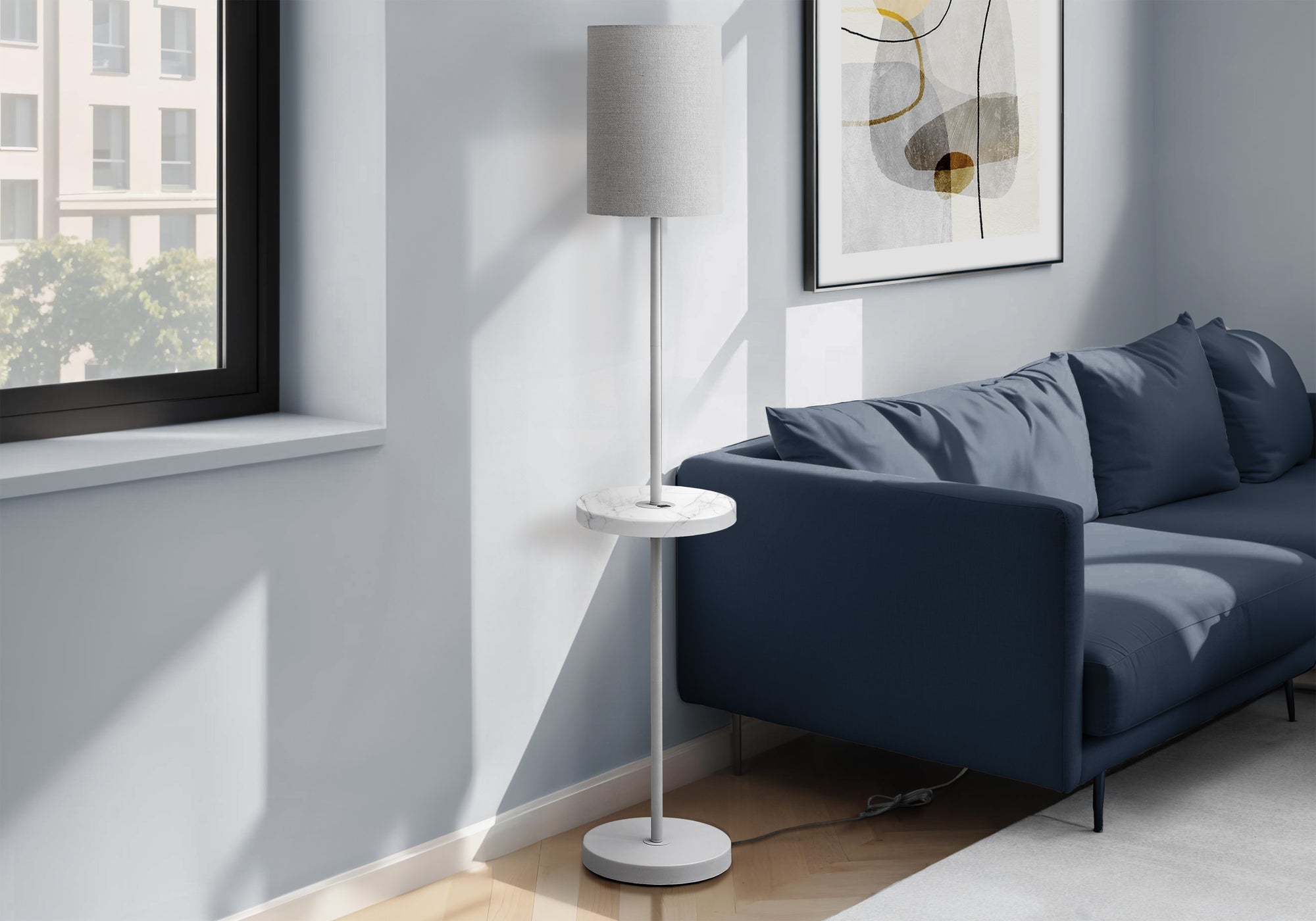 Monarch Specialties Floor Lamp I 9692, 62inH, USB Port, Grey Metal, White Marble, Contemporary Design