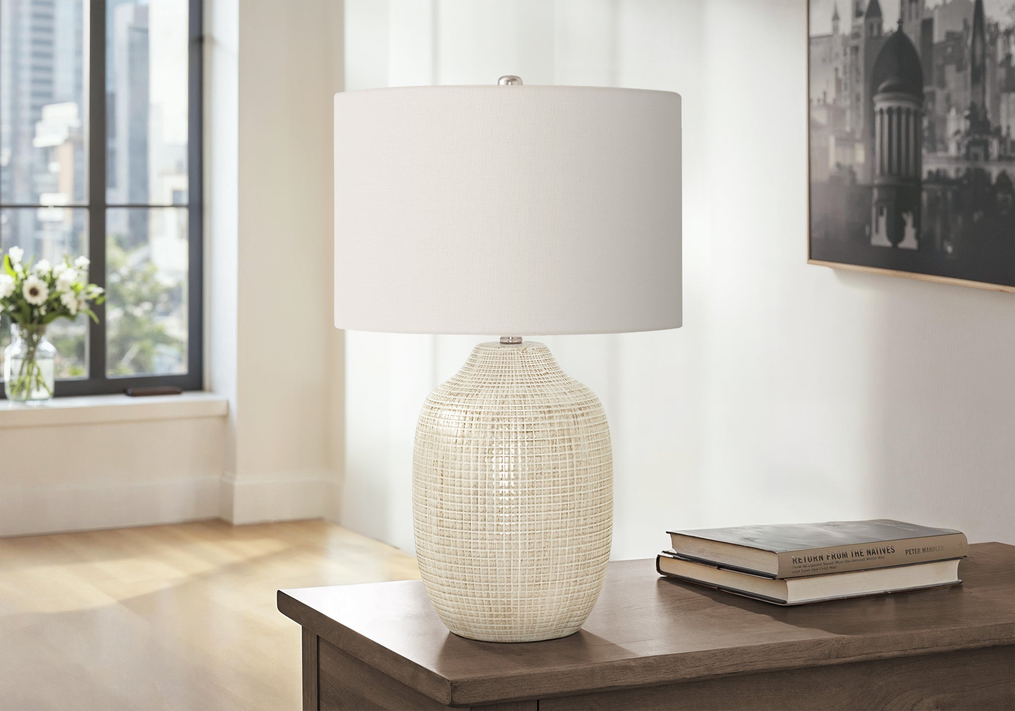 Monarch Specialties 9704 Lightingtable Lamp, Cream Ceramic, Ivory Shade, Contemporary Lighting-26 H Table, 16&quot; L X 16&quot; W X 25.75&quot; H
