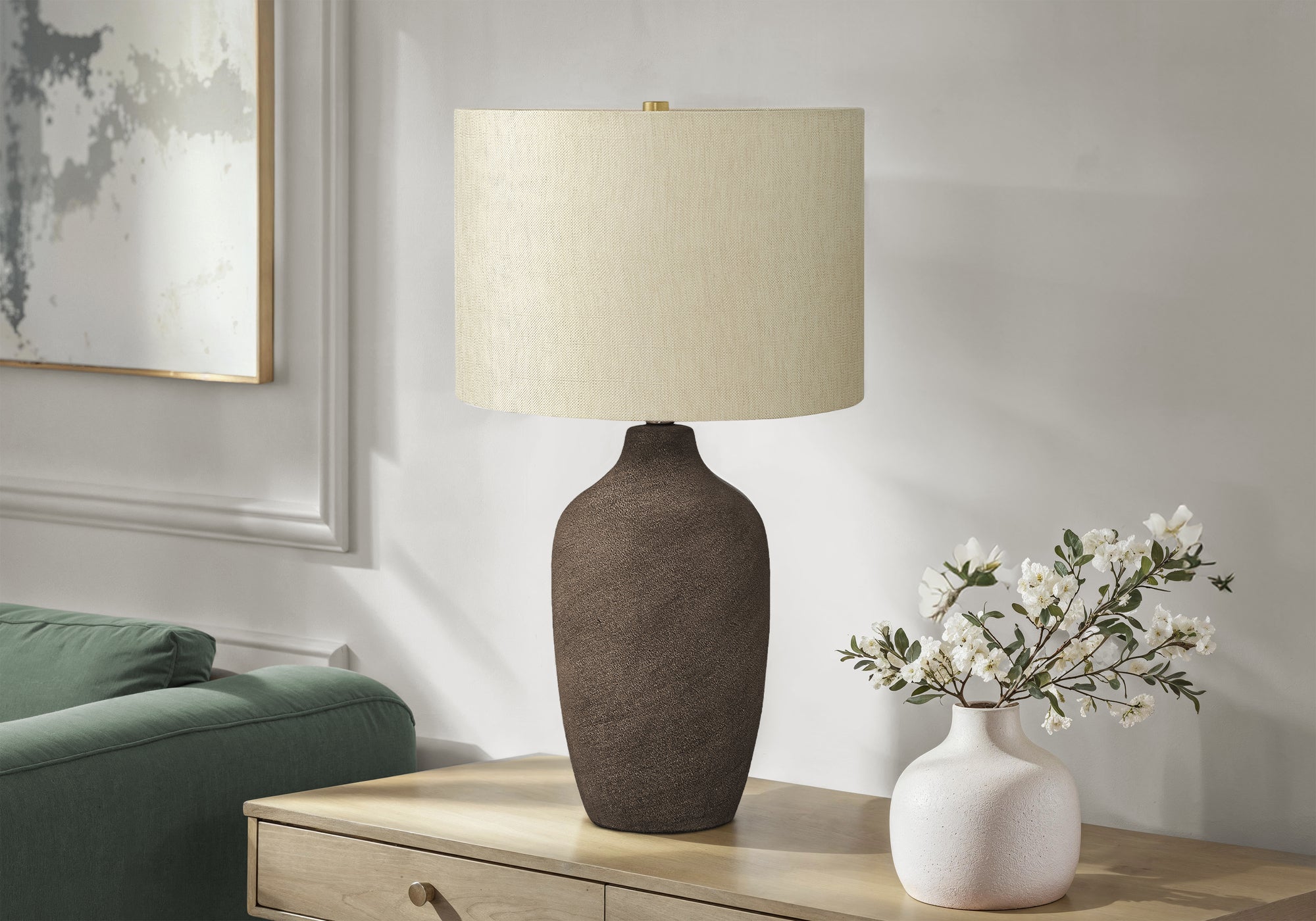 Monarch Specialties I 9709 Lightingtable Lamp, Grey Ceramic, Beige Shade, Contemporary