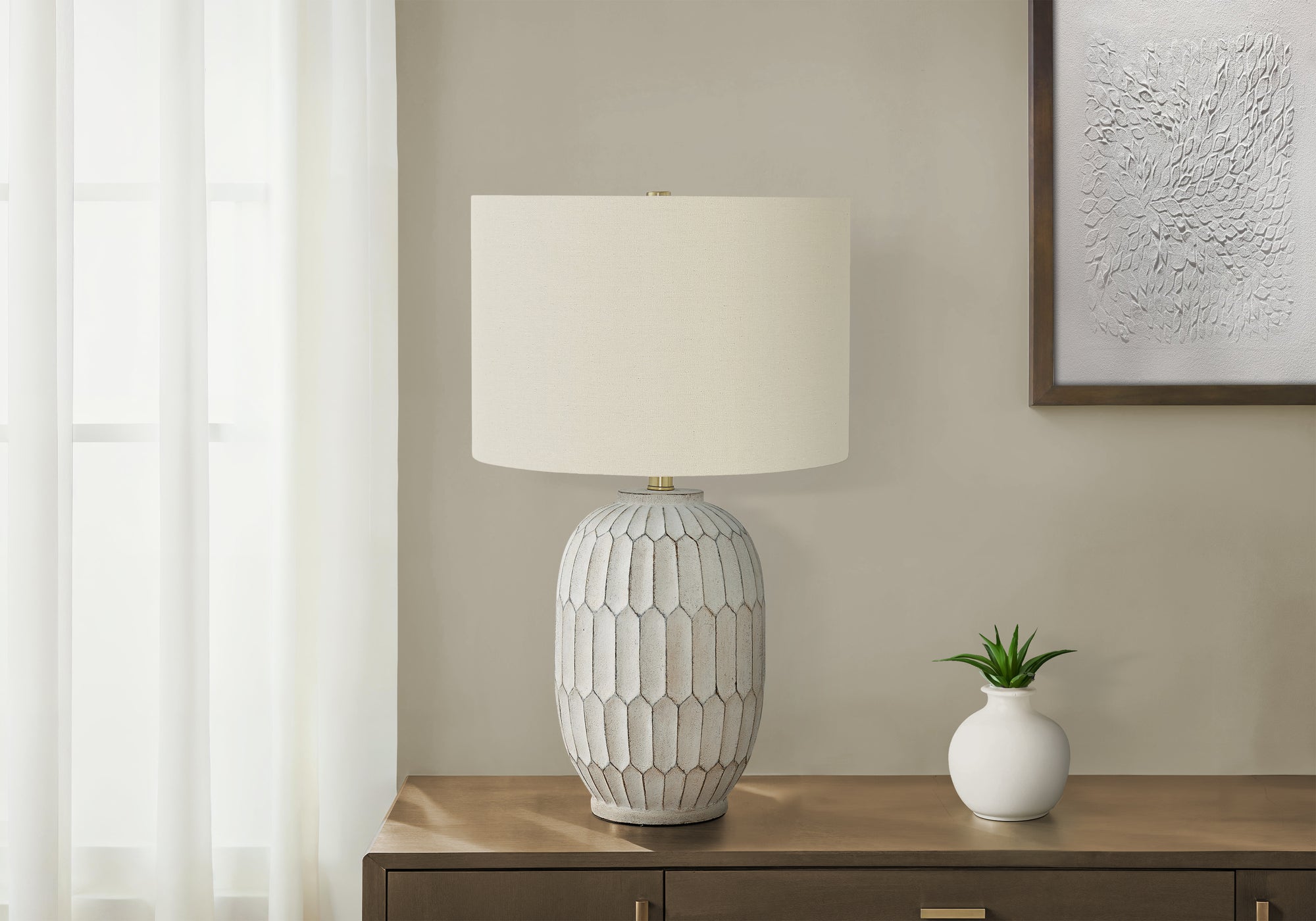 Monarch Specialties 9720 Lightingtable Lamp, Cream Resin, Ivory Shade, Transitional Lighting-24 H Table, 14.5&quot; L X 14.5&quot; W X 24&quot; H