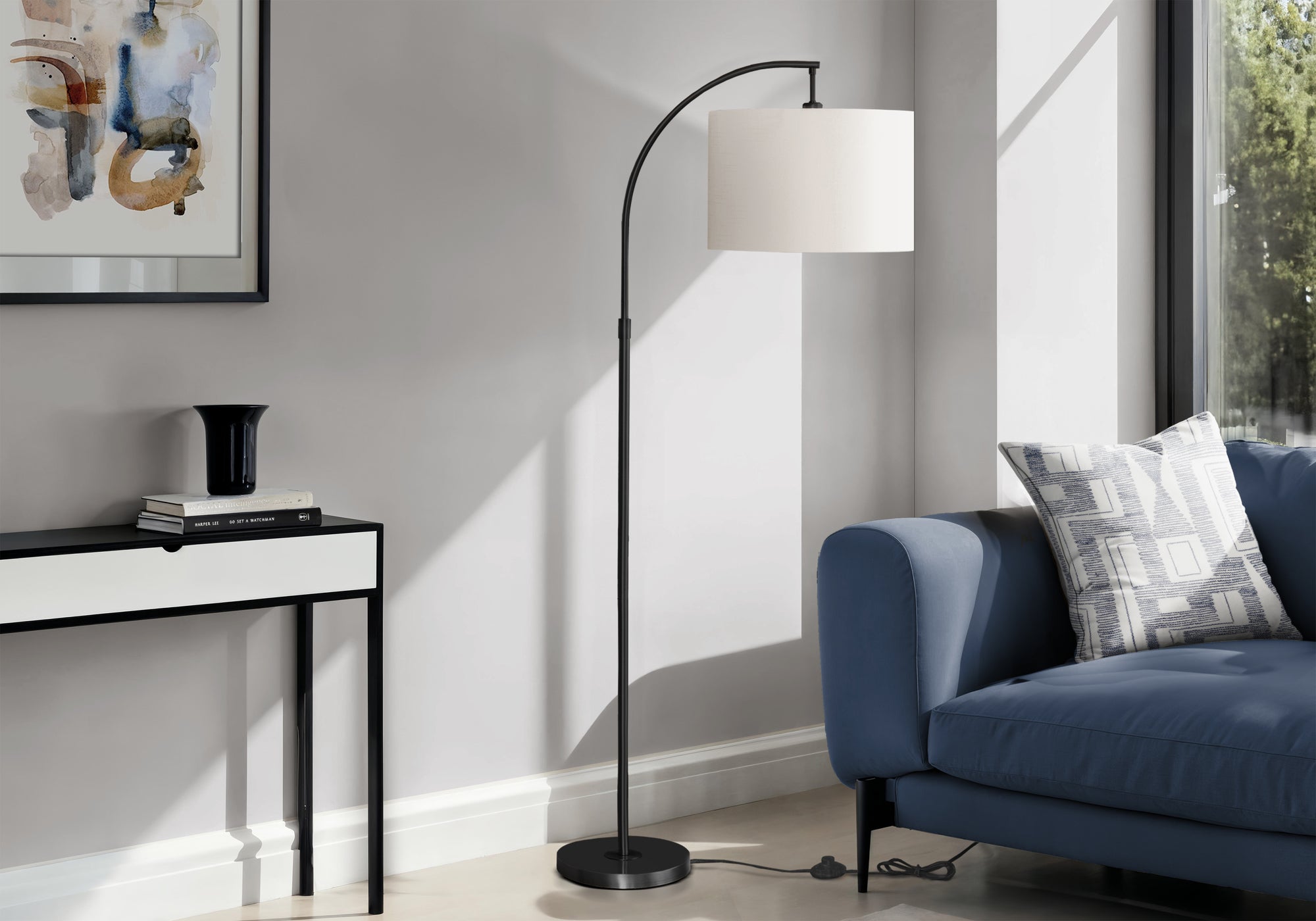 Monarch Specialties 9749, Black Cream Shade, Contemporary Lighting Arc Floor Lamp Metal Ivory, 26.25" L X 16" W X 65" H