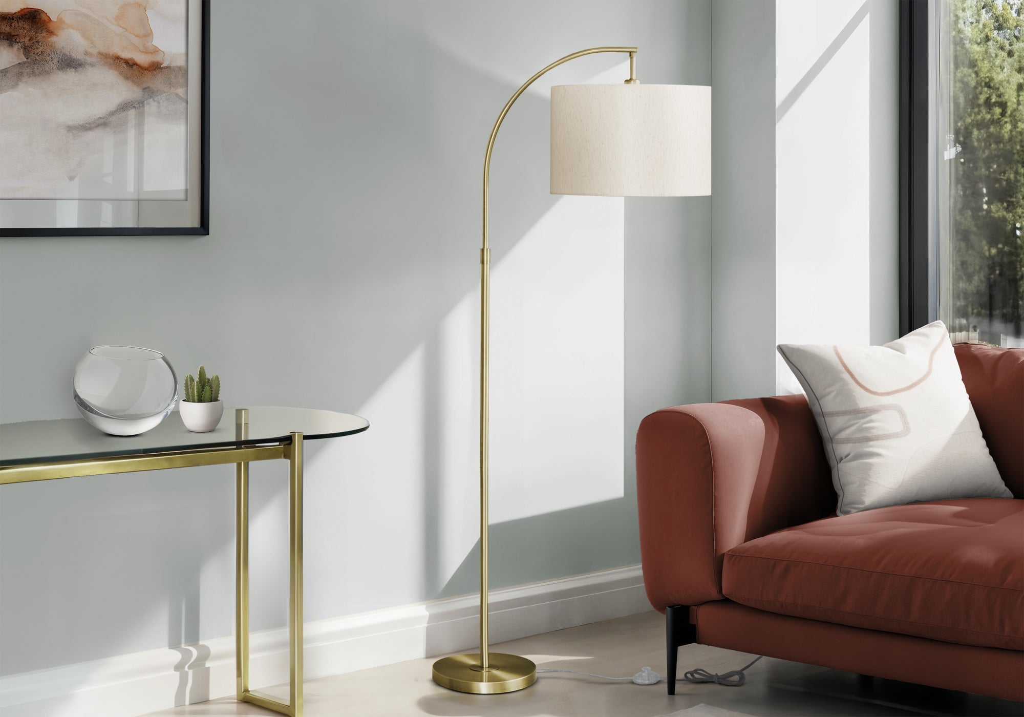 Monarch Specialties 9750 Cream Shade, Contemporary Lighting Arc Floor Lamp Brass Metal Ivory, 26.25&quot; L X 16&quot; W X 65&quot; H, Gold