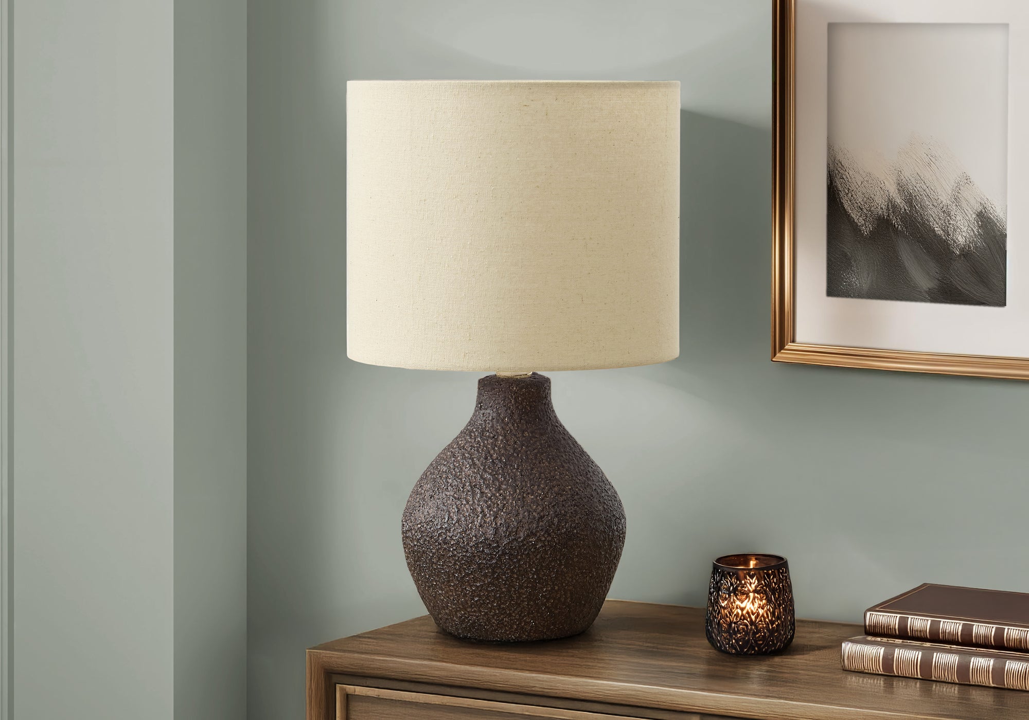 Monarch Specialties Table Lamp I 9772, 16in H, Brown Resin, Beige Shade, Contemporary Design, 9.5inL x 9.5inW