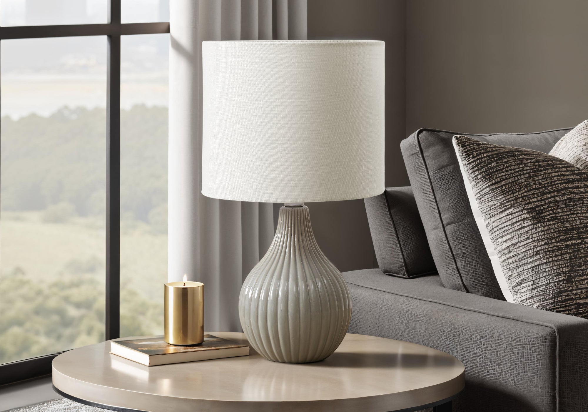 Monarch Specialties Table Lamp, 17in H, Grey Ceramic, Ivory Shade, Model I 9774