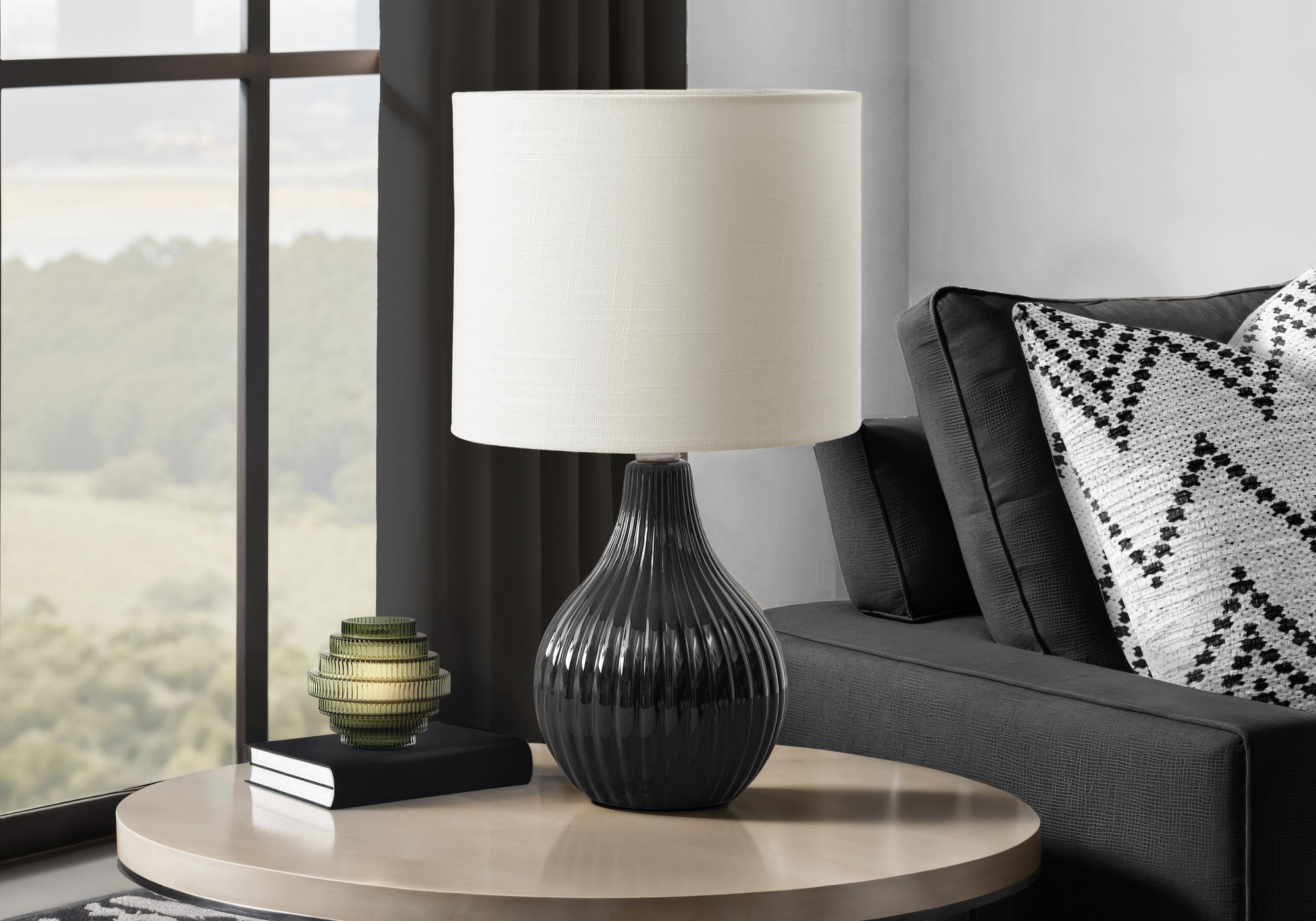 Monarch Specialties Table Lamp I 9775, 17in H, Black Ceramic, Ivory Shade, Contemporary Design