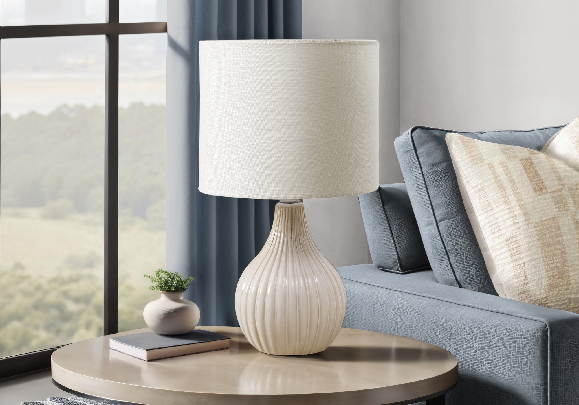Monarch Specialties Table Lamp I 9776, 17in H, Beige Ceramic, Ivory Shade, Contemporary Design