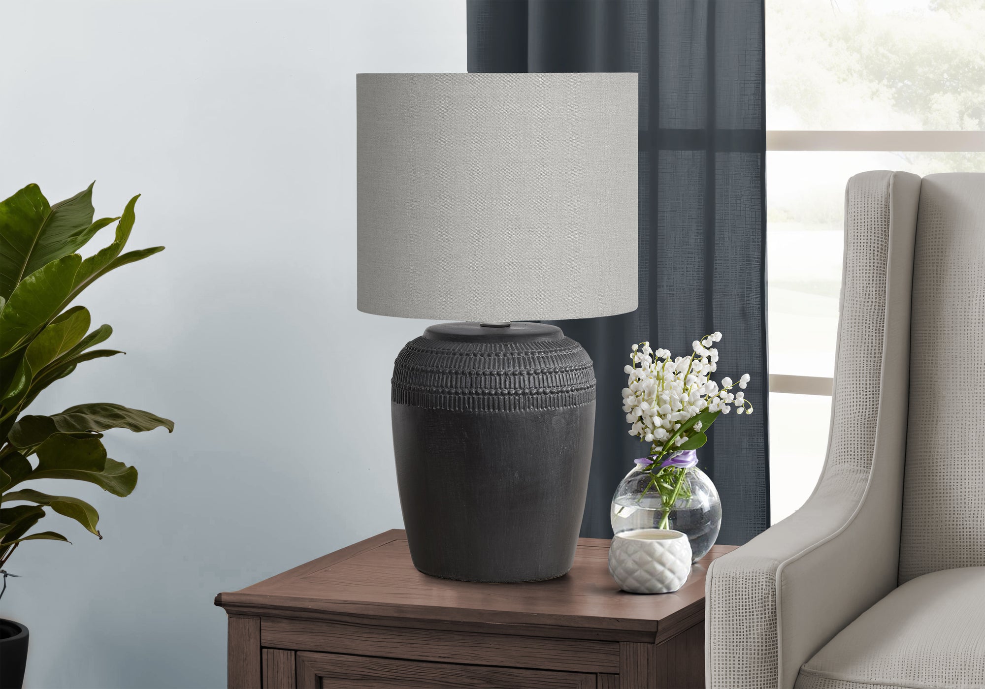 Monarch Specialties I 9781 Table Lamp - 17in H Grey Ceramic with Ivory Shade, 9.5inL x 9.5inW, Modern Design