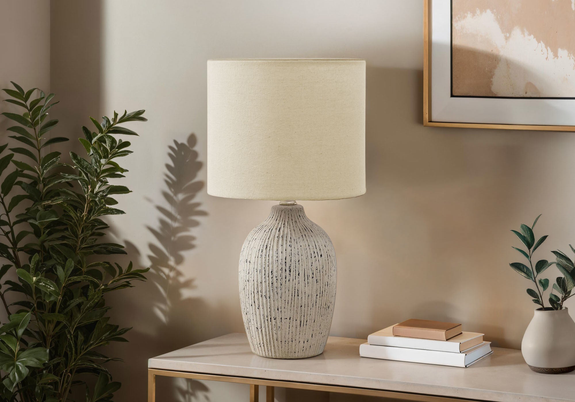 Monarch Specialties Table Lamp I 9783, 18in H, Beige Ceramic, Beige Shade, Contemporary Design