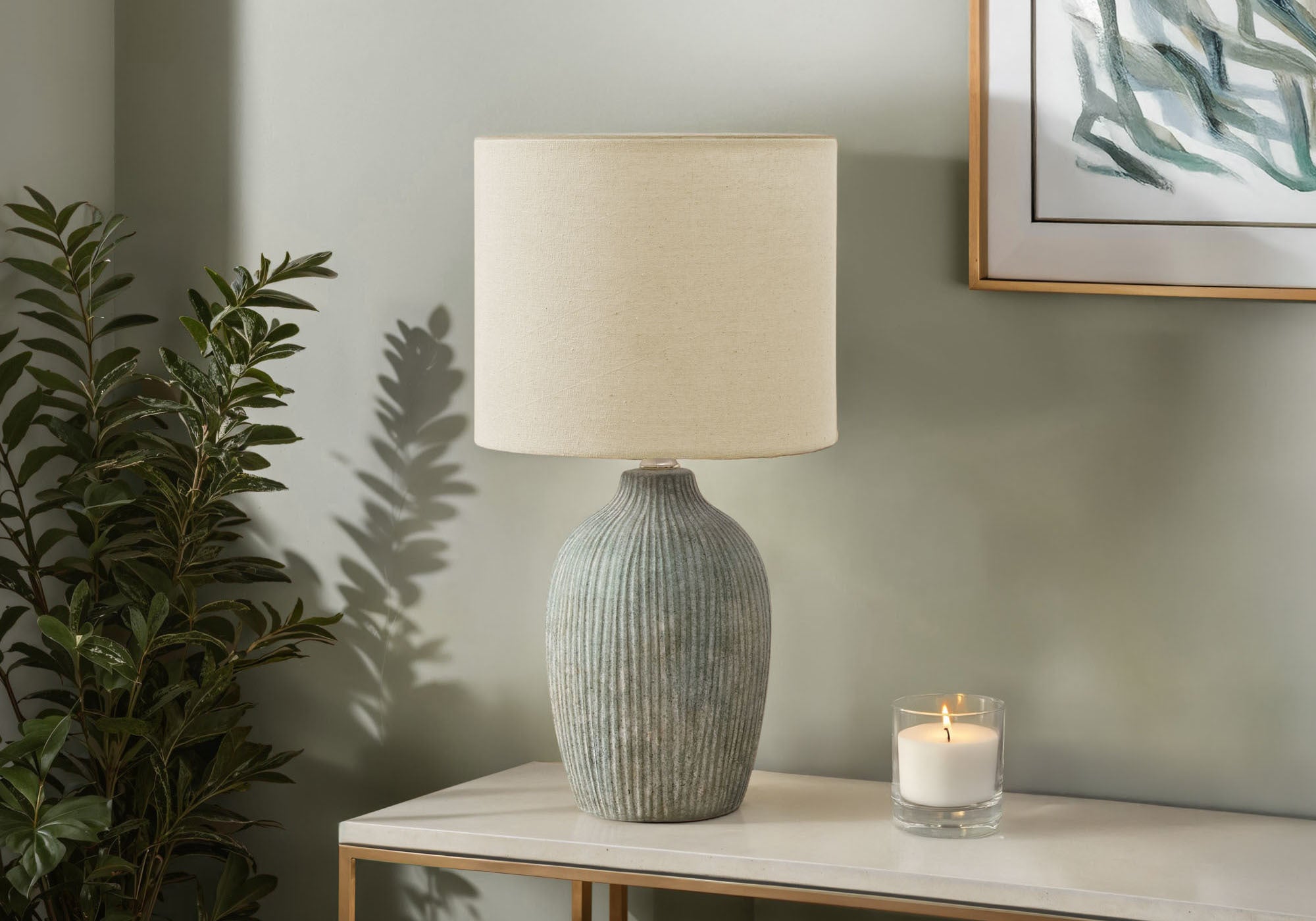 Monarch Specialties Table Lamp I 9784 Green Ceramic 18in H Beige Shade Contemporary Modern