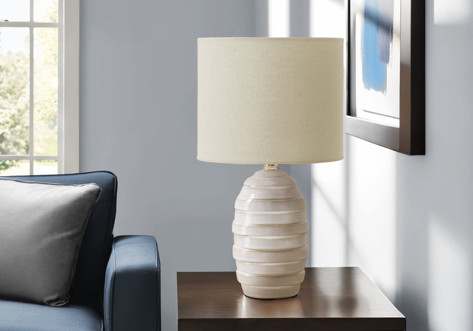 Monarch Specialties Table Lamp I 9789, 17inH, Ivory Ceramic, Beige Shade, Contemporary Design, 9.5inL x 9.5inW