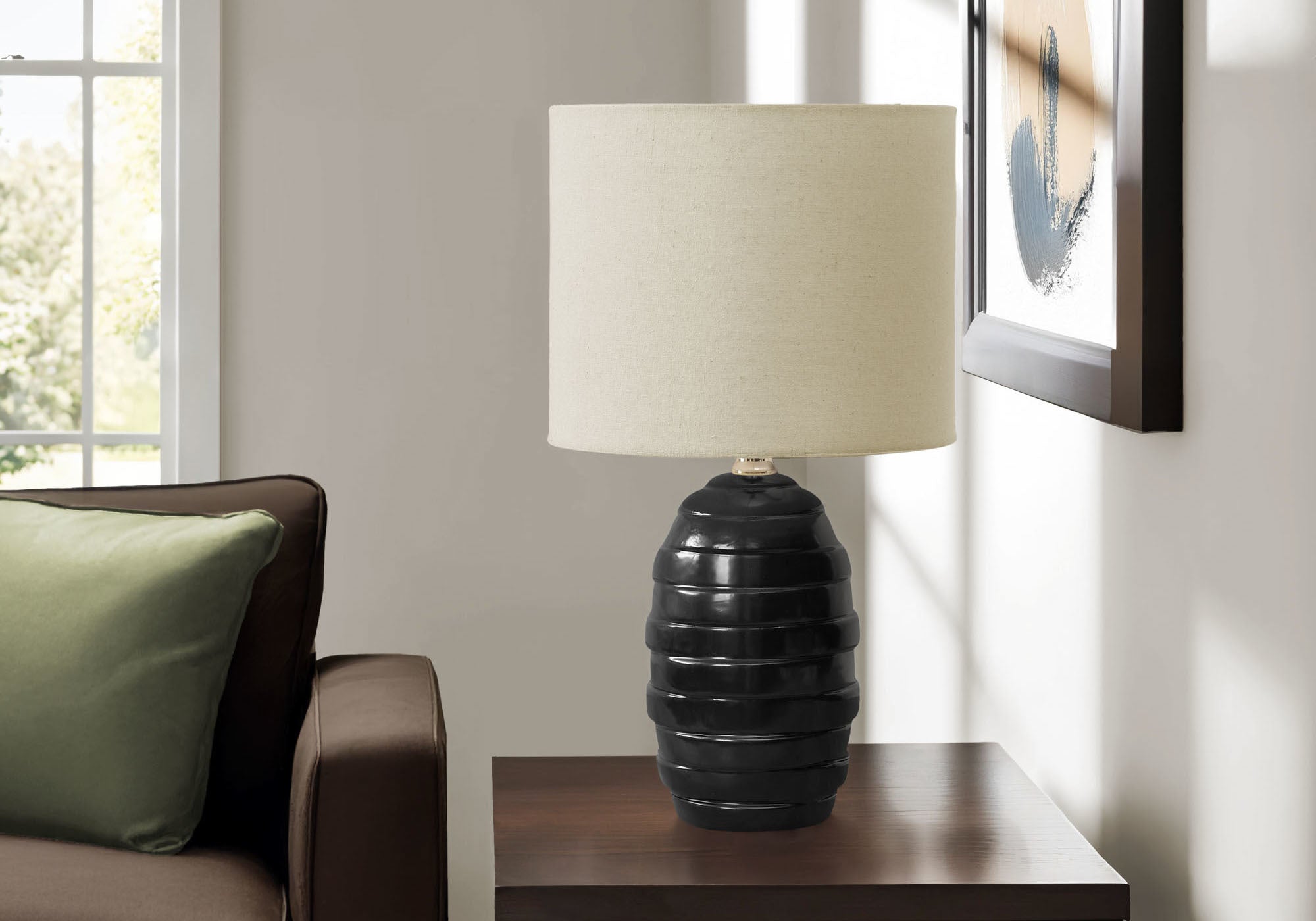 Monarch Specialties Table Lamp I 9790, 17in H, Black Ceramic, Beige Shade, Contemporary Design, 9.5in x 9.5in