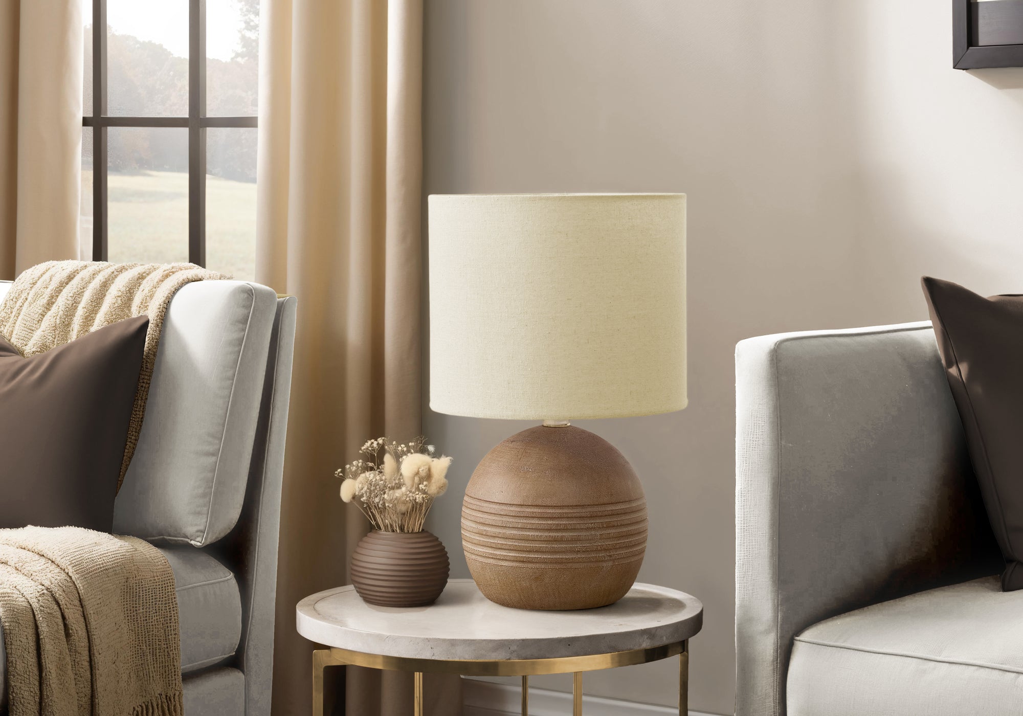 Monarch Specialties Table Lamp I 9793, 15in H, Brown Resin, Beige Shade, Contemporary Design