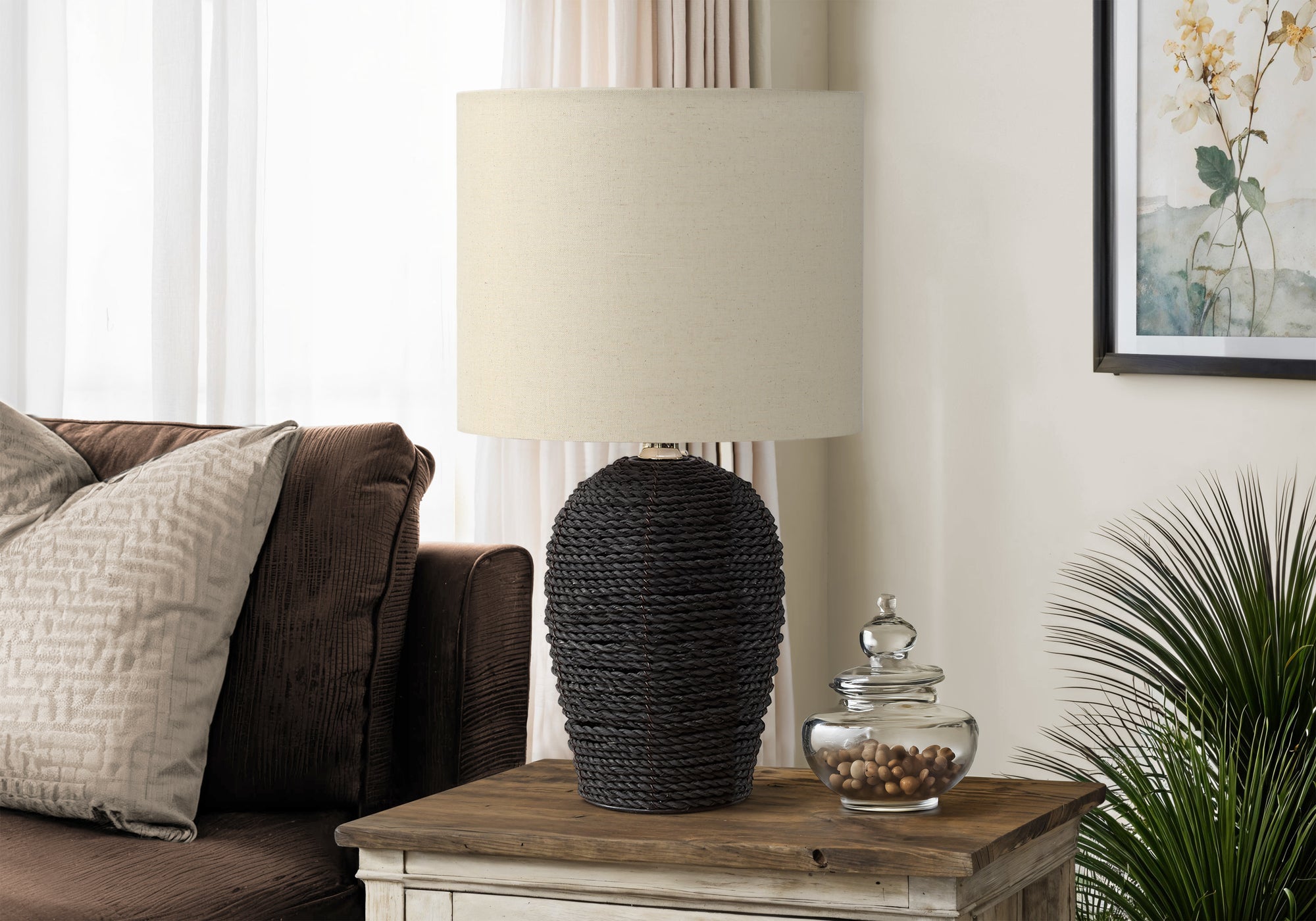 Lighting, 17H, Table Lamp, Black Rattan, Beige Shade, Transitional
