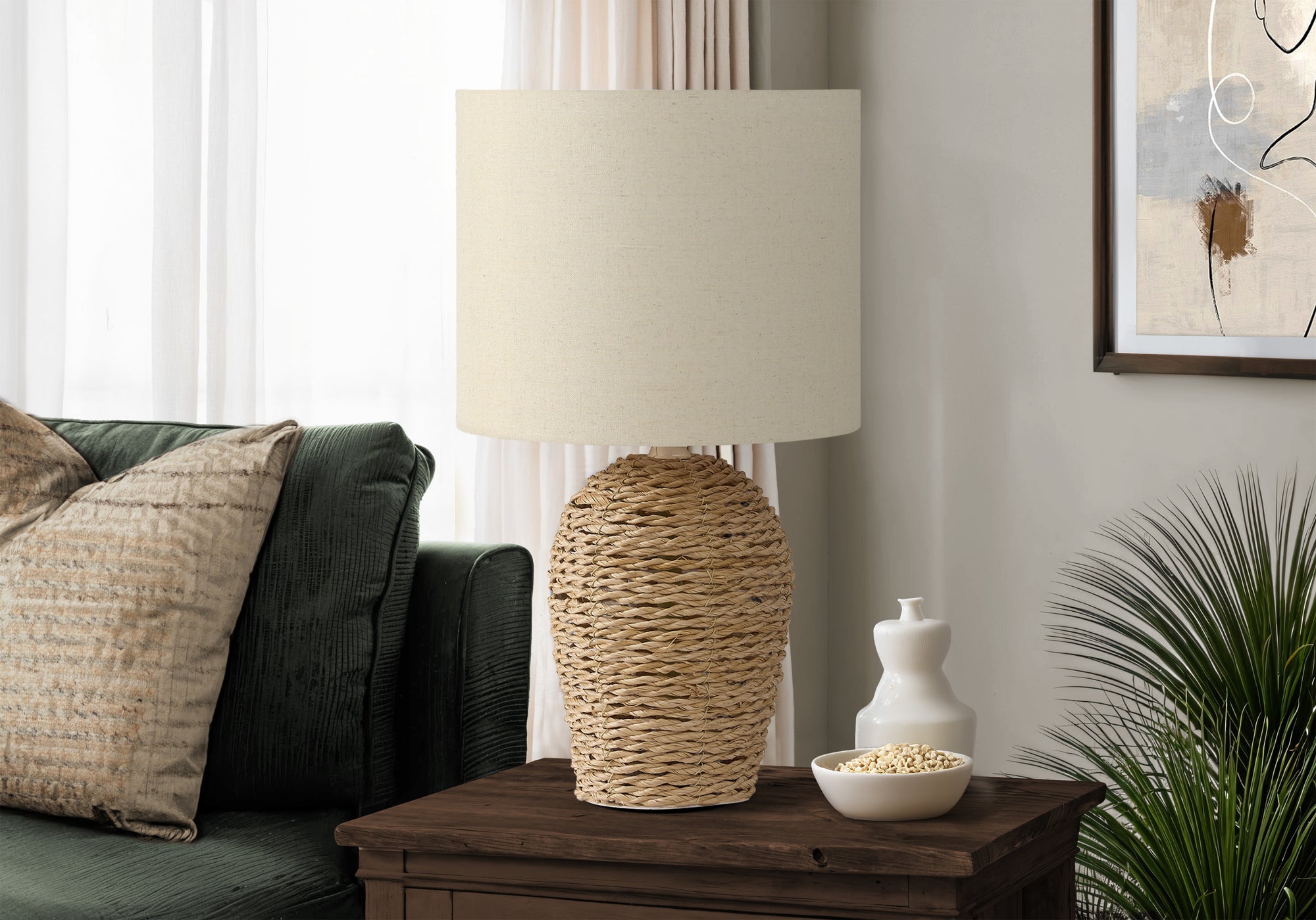 Lighting, 17H, Table Lamp, Natural Rattan, Beige Shade, Transitional