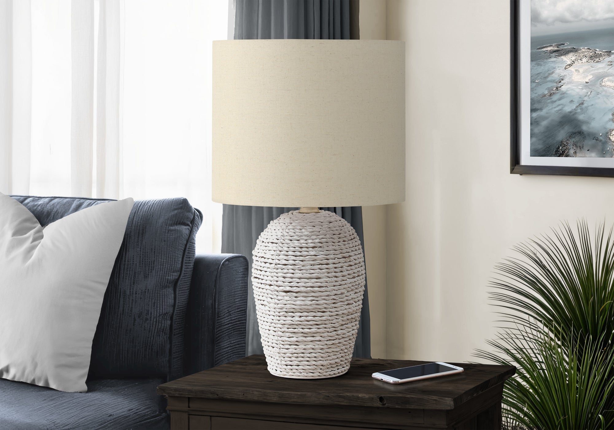 Lighting, 17H, Table Lamp, White Rattan, Beige Shade, Transitional